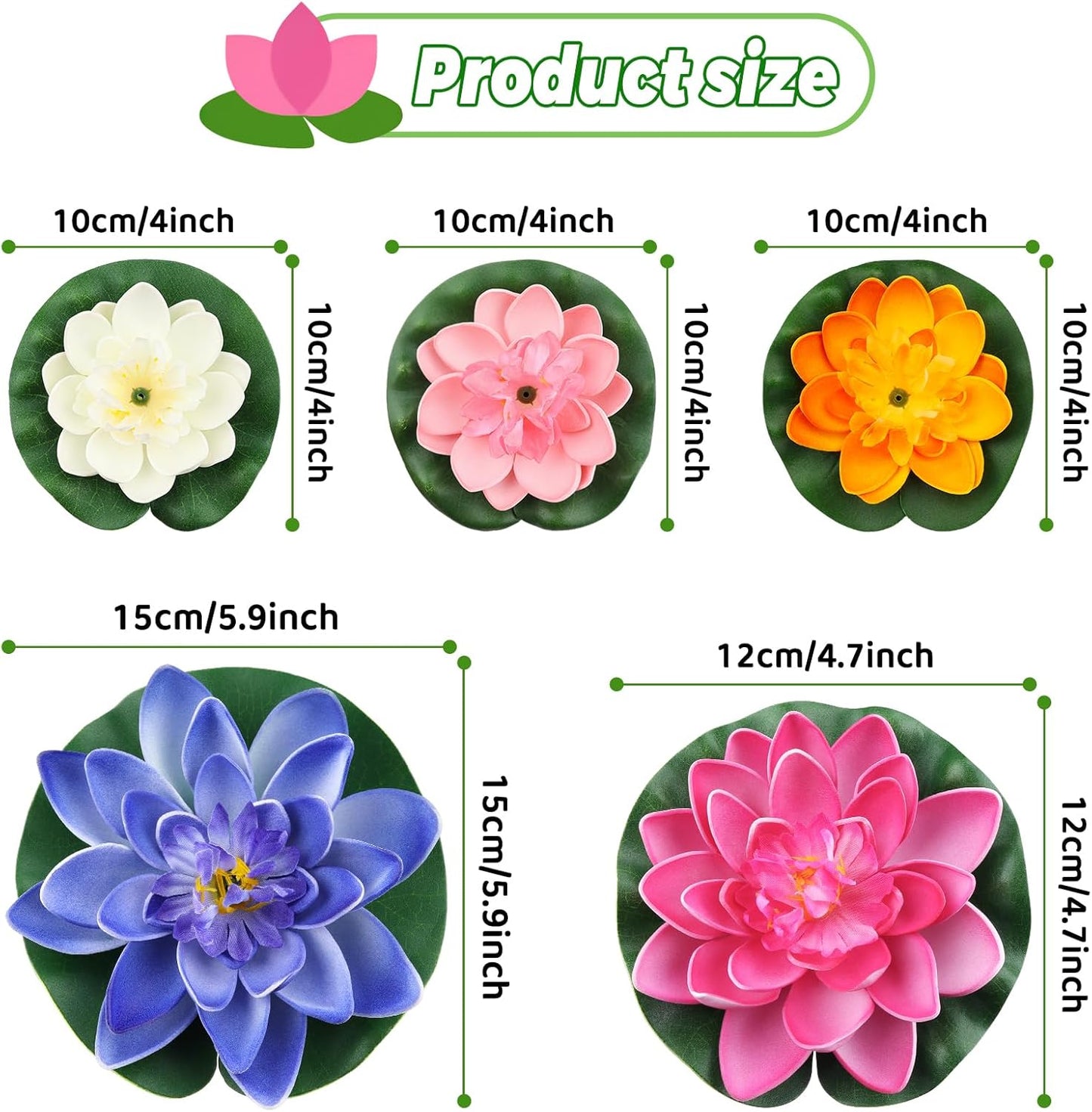 10PCS 3 Sizes Artificial Foam Lotus Floating Flowers with Water Lily Pad Ornaments for Home Garden Pond Decor Pools Water Decorations, Colorful