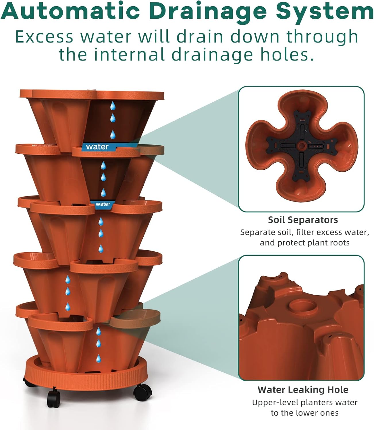 Strawberry Stackable Planter, Vertical Tower Garden, 5 Tiered Stacking Herb Vegetable Planters with Movable Casters and Bottom Saucer Indoor and Outdoor - Terra Cotta