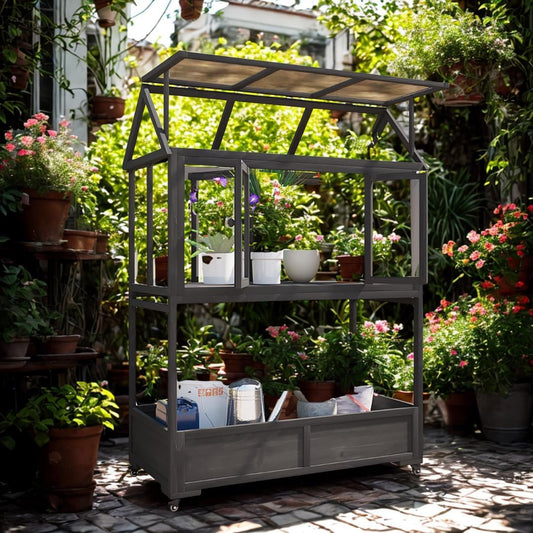 Portable Wooden Cold Frame Greenhouse with Wheels - 47" Mini Greenhouse with Adjustable Roof, Storage Box & Polycarbonate Panels - Plant Protector for Seedlings, Herbs & Winter Gardening (Black)