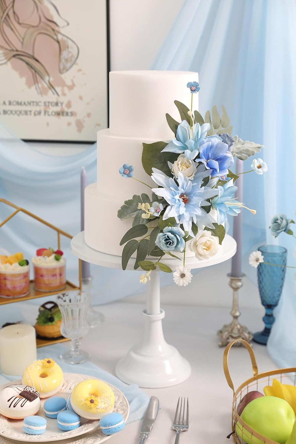 YYHUAWU Fake Flower Heads Mini Blue Artificial Flower Faux Dahlia Rose Flowers Multicolor Silk Daisy Flower Heads for Craft Garland Wedding Bridal Baby Shower Home Party Decoration DIY Cake Decor