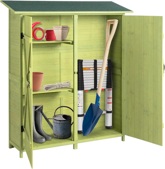 Outvita Outdoor Storage Cabinet with Waterproof Roof, Double Lockable Doors Garden Shed with 2 Removable Shelves, Wooden Storage Shed with Large Storage Space for Yard Garge Patio Deck Porch（Green）