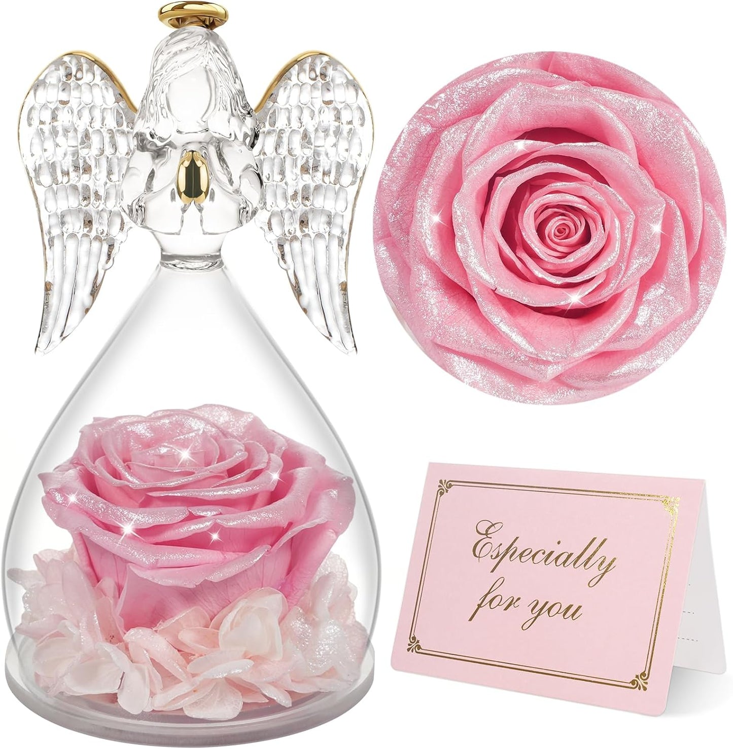 Yamonic Mom Birthday Gifts for Mom, Glass Angel Figurines with Real Rose Gifts for Moms Grandma, Preserved Flowers Real Rose Mothers Day Birthday Valentine’s Day Angel Gifts for Women Her(Pearl Pink)