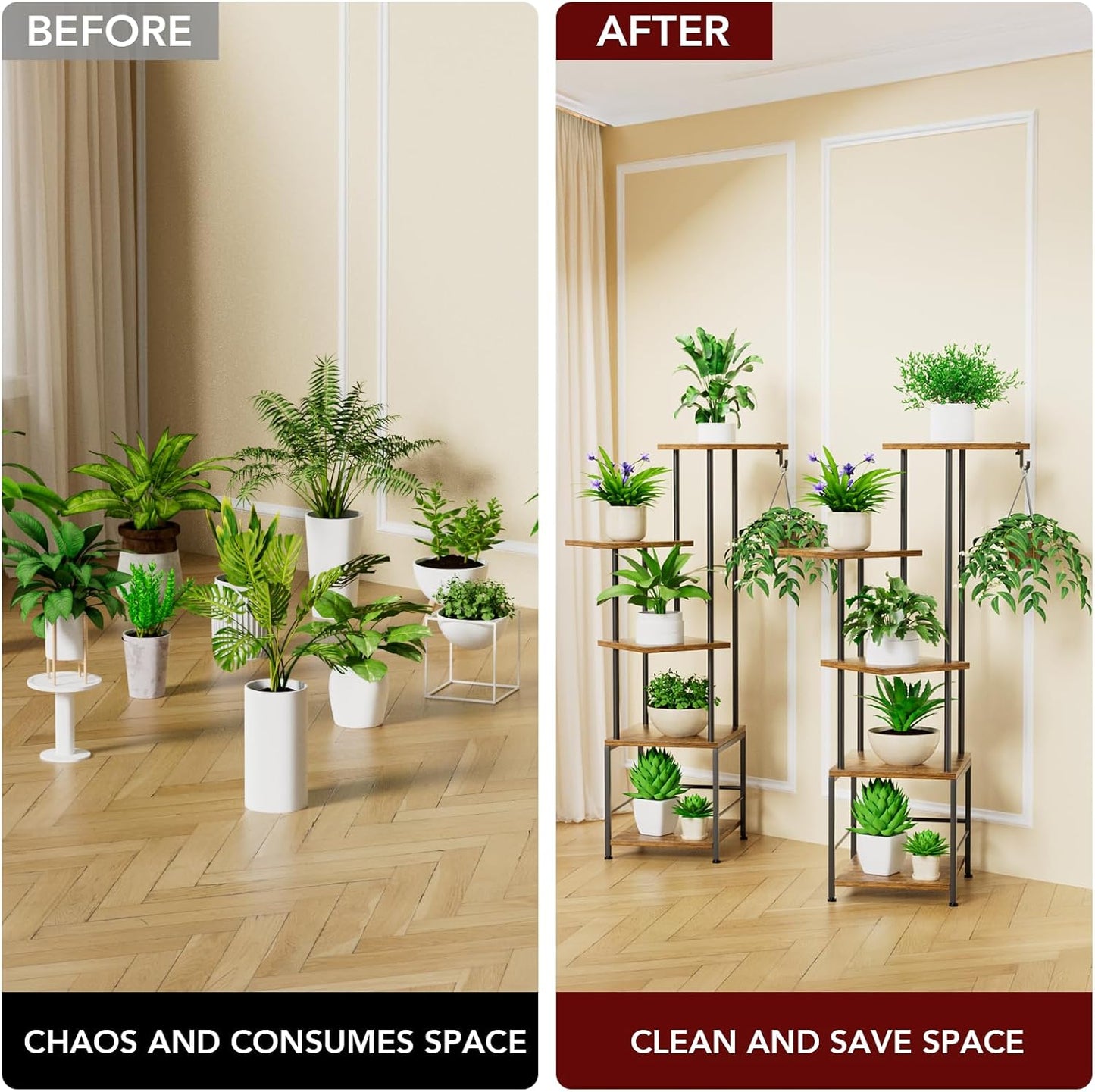 Plant Stand Indoor with Grow Light, 5-Tiered Tall Plant Stand Indoor, Metal Plant Shelf with Hanging Basket Hook and Adjustable Light, Ideal for Living Room, Garden, Patio,Brown and Black（2 pcs ）