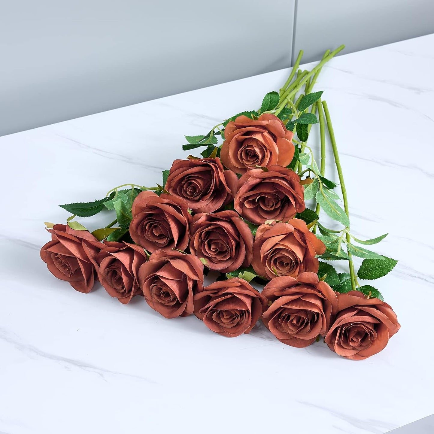12pcs Rust Orange Rose Artificial Flowers Faux Roses Silk Roses Orange Silk Flowers with Long Stems for Wedding Baby Shower Home Decor Party Centerpieces Table Decorations