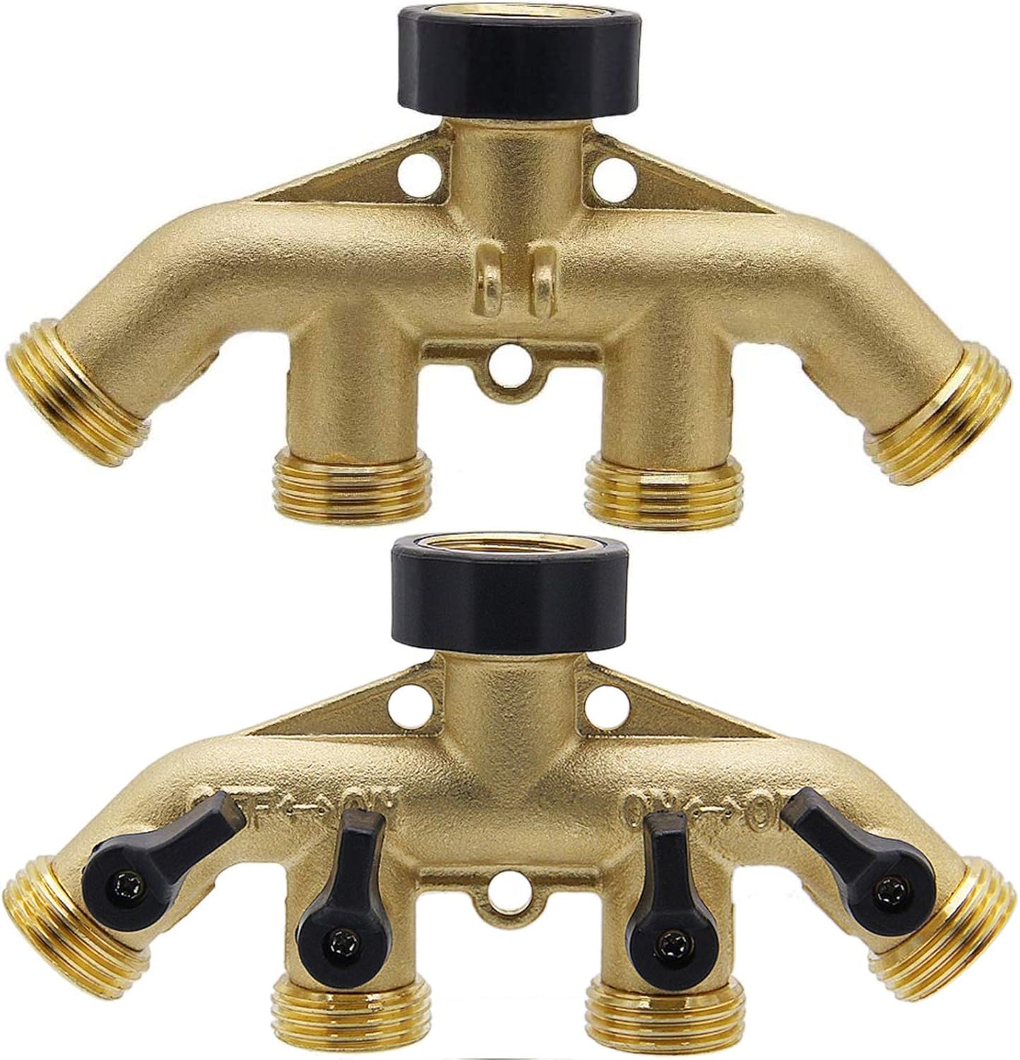 Biswing 4 Way Brass Hose Splitter, 3/4" Brass Hose Faucet Manifold, Garden Hose Adapter Connector, Hose Spigot Adapter with 4 Valves