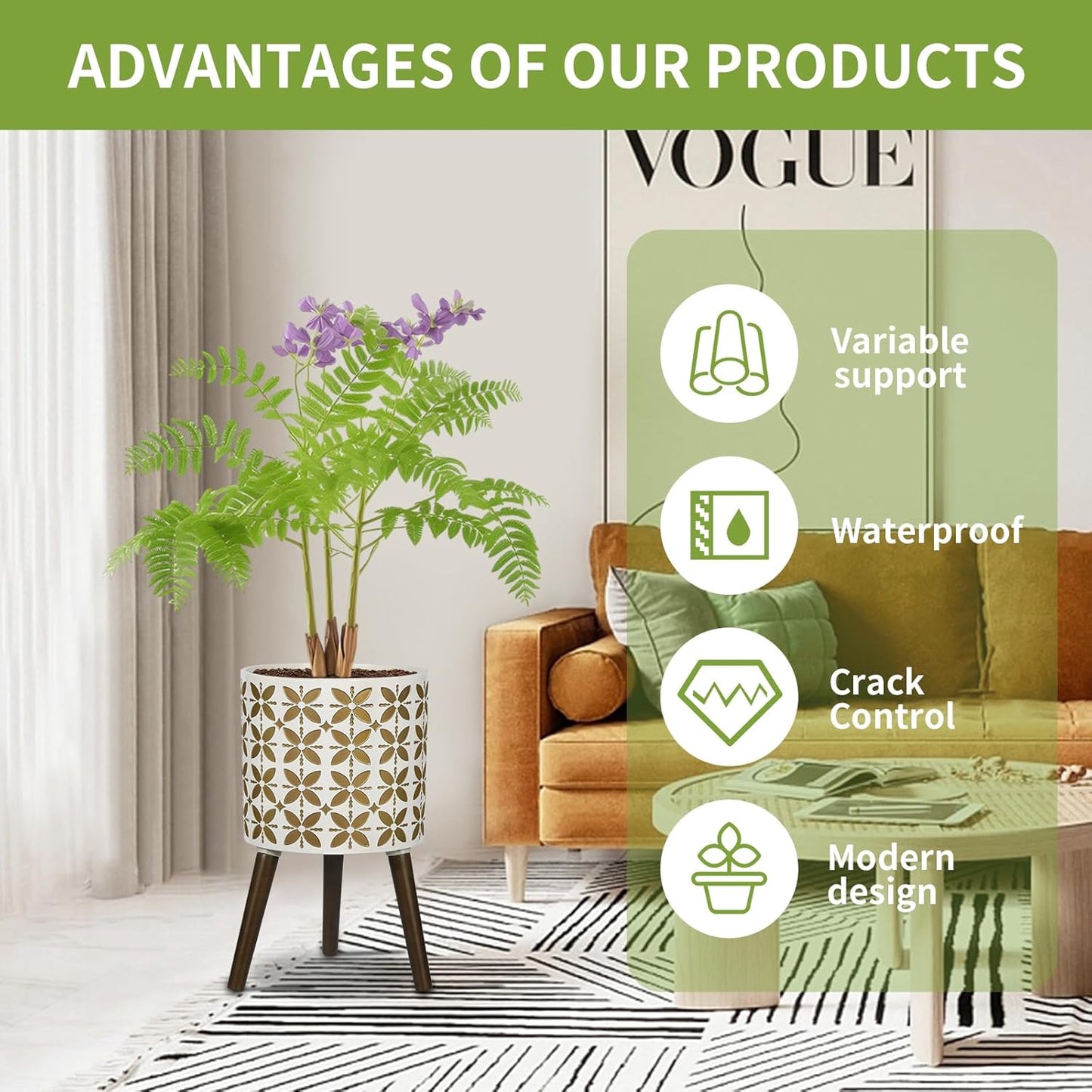 nacltlo12 Inch Planter with Stand,Plant Pot for Indoor Plants,Modern Mid-Century,Large Flower Planter Pot with Drainage Holes for Outdoor,White and xGold