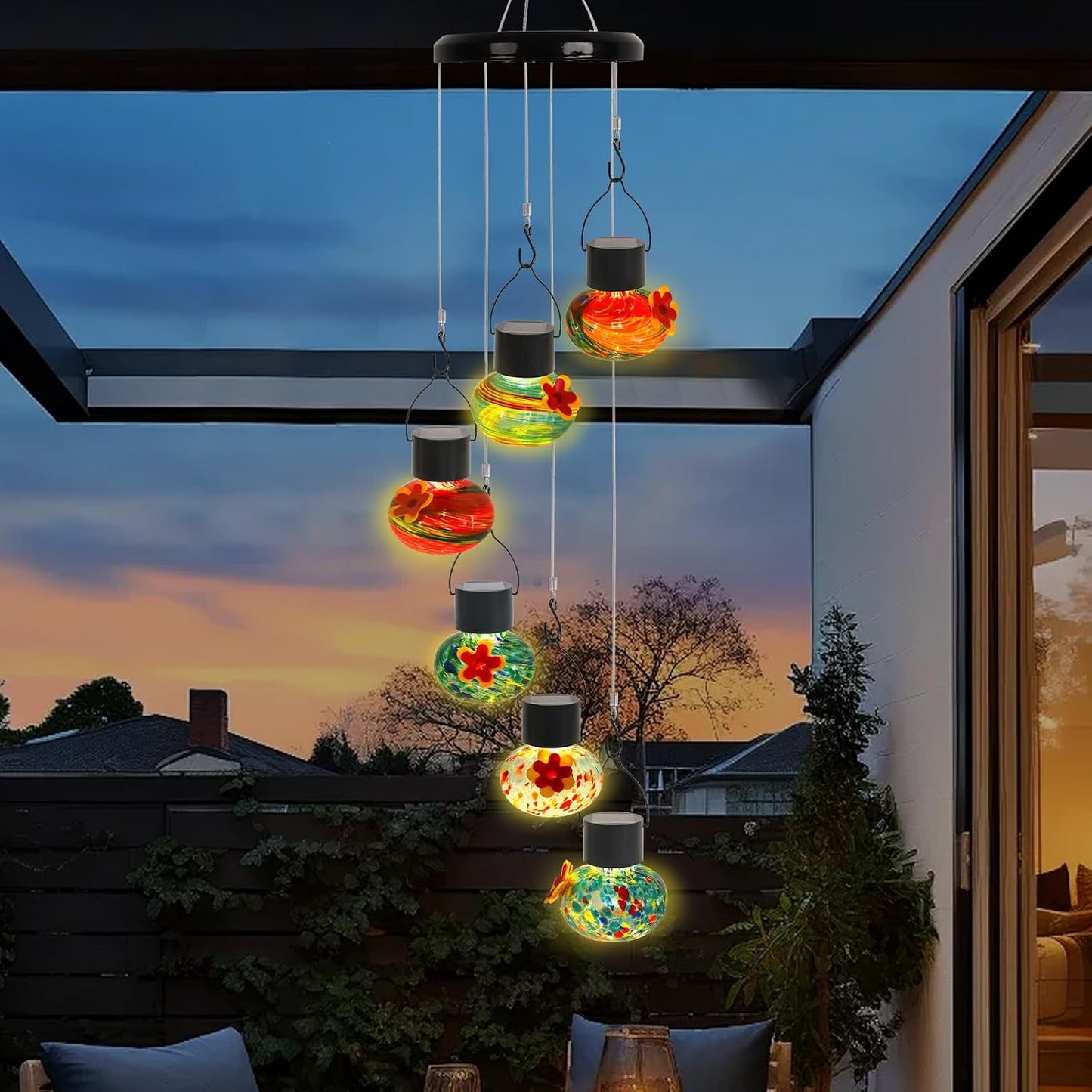 ‌Solar-Powered Hummingbird Feeder with Wind Chime Elegance – 6 Leak-Proof Glass Ports, Frosted Design & Multicolor Night Lights – Perfect Outdoor Gift for Nature Enthusiasts