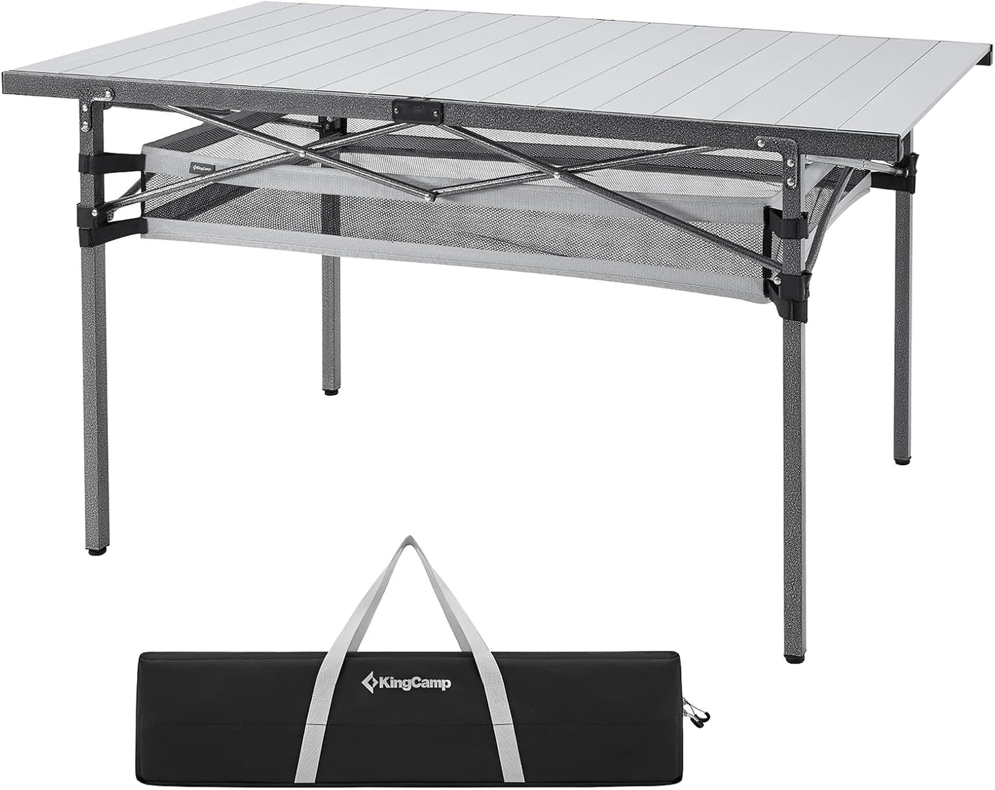 KingCamp Spacious Tabletop Area Aluminum Compact Roll 4-6 Person Stable Adjustable Feet Table with Carry Bag for Outdoor Camp Picnic, Black/Siver_53.5"×27.5" with Storage Layer