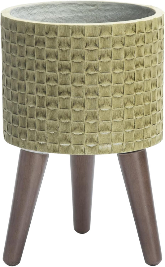 D'vine Dev 8 Inch Modern Geometric Tile Patterned Sleek Planter Pot with Stand, Indoor Outdoor Decorative Plant Holder, Distressed Olive, 88-Z-A-4