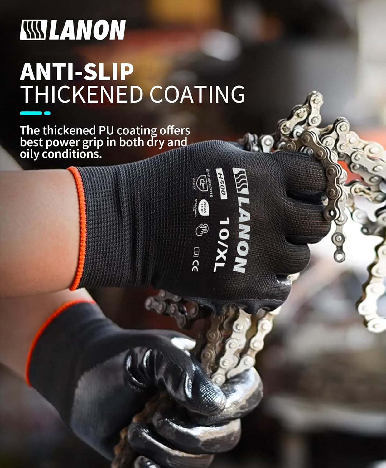 LANON Safety Work Gloves for Men and Women, 18 Pairs Mechanic Black Working Gloves with Grip Odorless PU Coated, Seamless Knit, Full Fingertip Touchscreen for Light Duty Working Gloves, Large