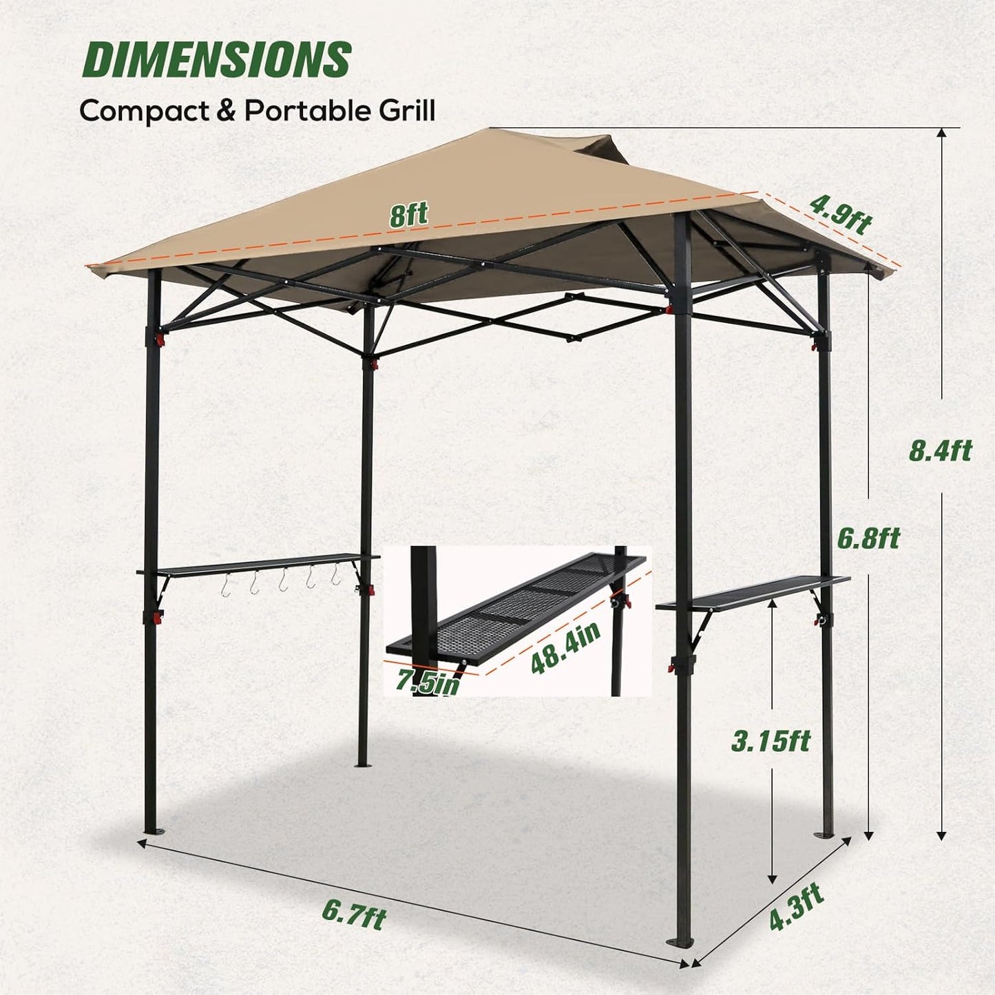 COOS BAY 8x5 Pop up Grill Gazebo Portable BBQ Gazebo Canopy Tent with Carry Bag, Outdoor Barbeque Shelter, Beige