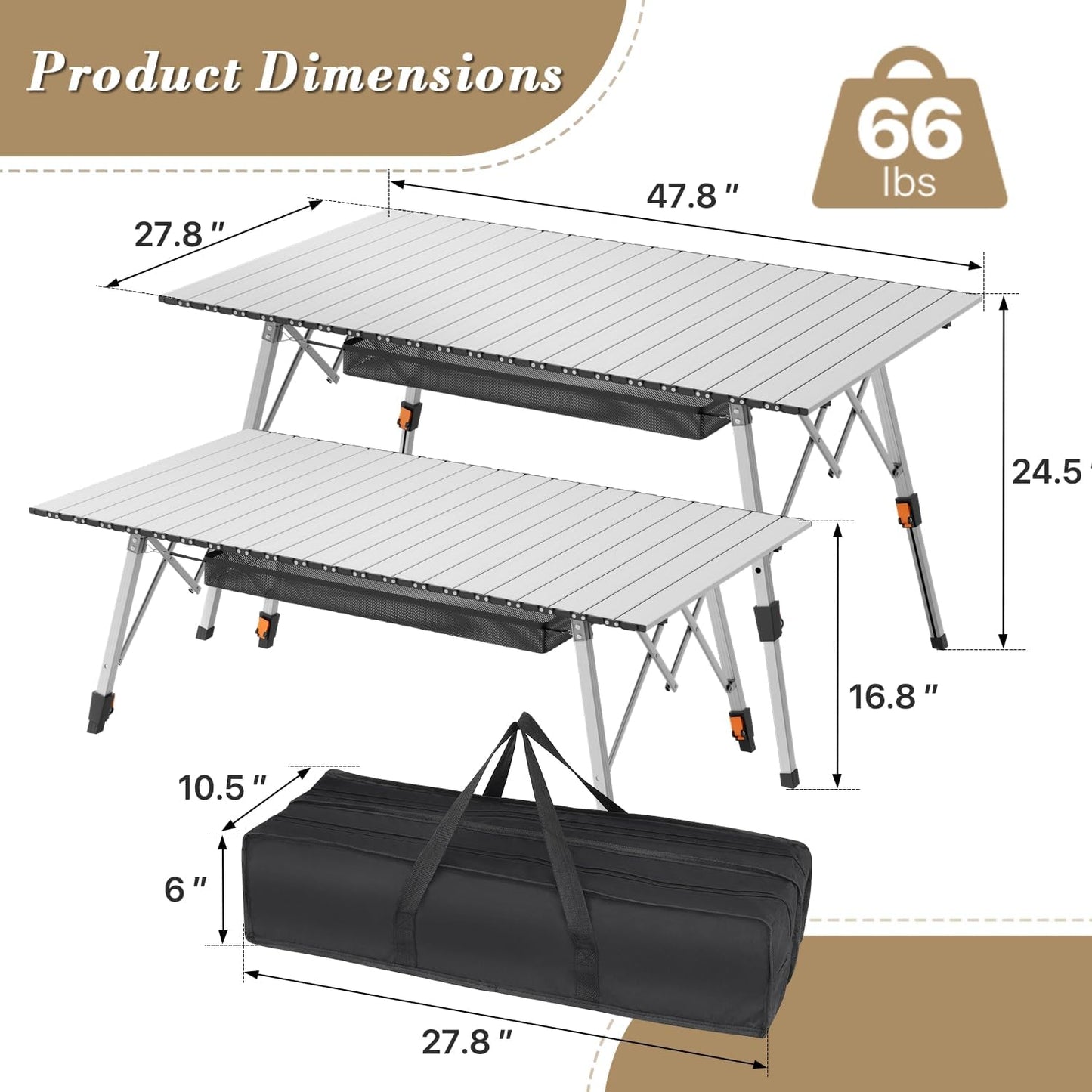 Athena Collection Foldable Camping Table, 47" Aluminum Outdoor Folding Camp Table with Mesh Layer Telescopic Legs and Carry Bag, Lightweight and Portable for Outdoor Camping Picnic Grilling, Silver