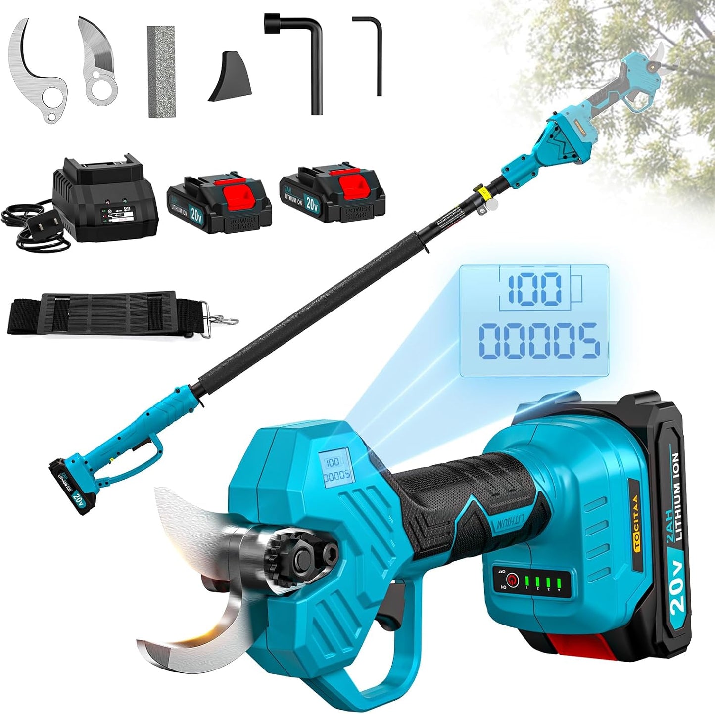 TOCiTAA Electric Pruning Shears Compatible with Makita Battery, Pruners for Gardening 1.5-2 Inch Cutting Diameter with 2 Pack 2.0Ah Batteries, Cordless 13ft. Pole Pruner with Pruning Blade