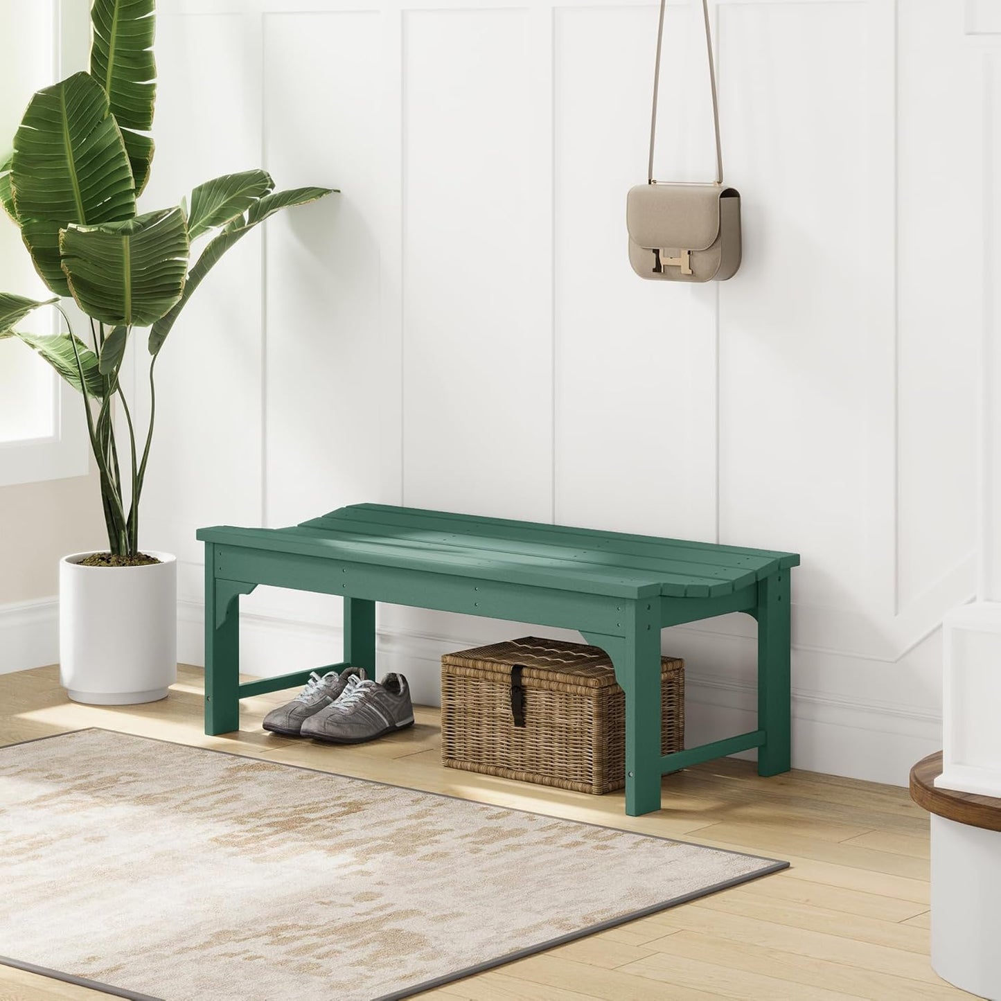 Outdoor Benches Weatherproof, All Weather Resistant Park Bench Poly Lumber Backless Garden Bench Seat for Entryway Front Porch, Dark Green