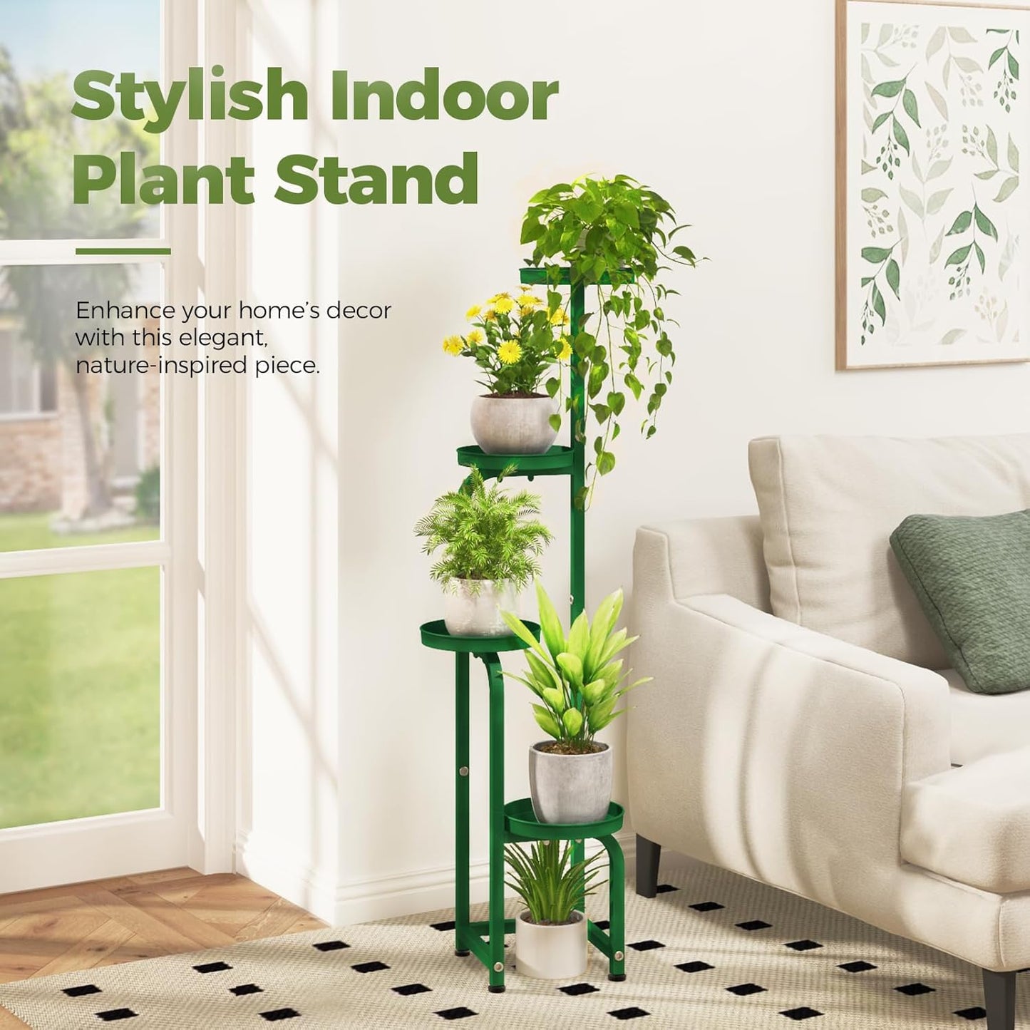 Bamworld Corner Plant Stand Indoor Outdoor, Tall Metal Flower Pot Stands for Multiple Plants, 4 Tier Green Heavy Duty Plant Shelf for Patio Garden Balcony Living Room Bedroom(Patent Design)