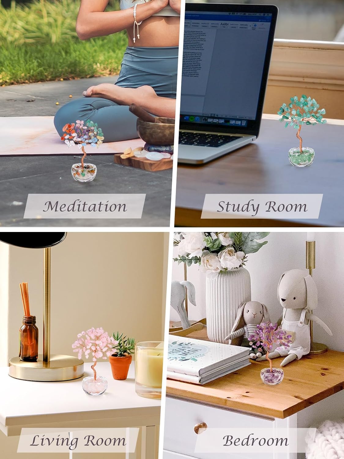 Jovivi Small 7 Chakra Crystals Tree, Natural Crystal Healing Stones Tree Glass Bowl Base Gemstone Money Trees Feng Shui Good Luck Home Desk Decor