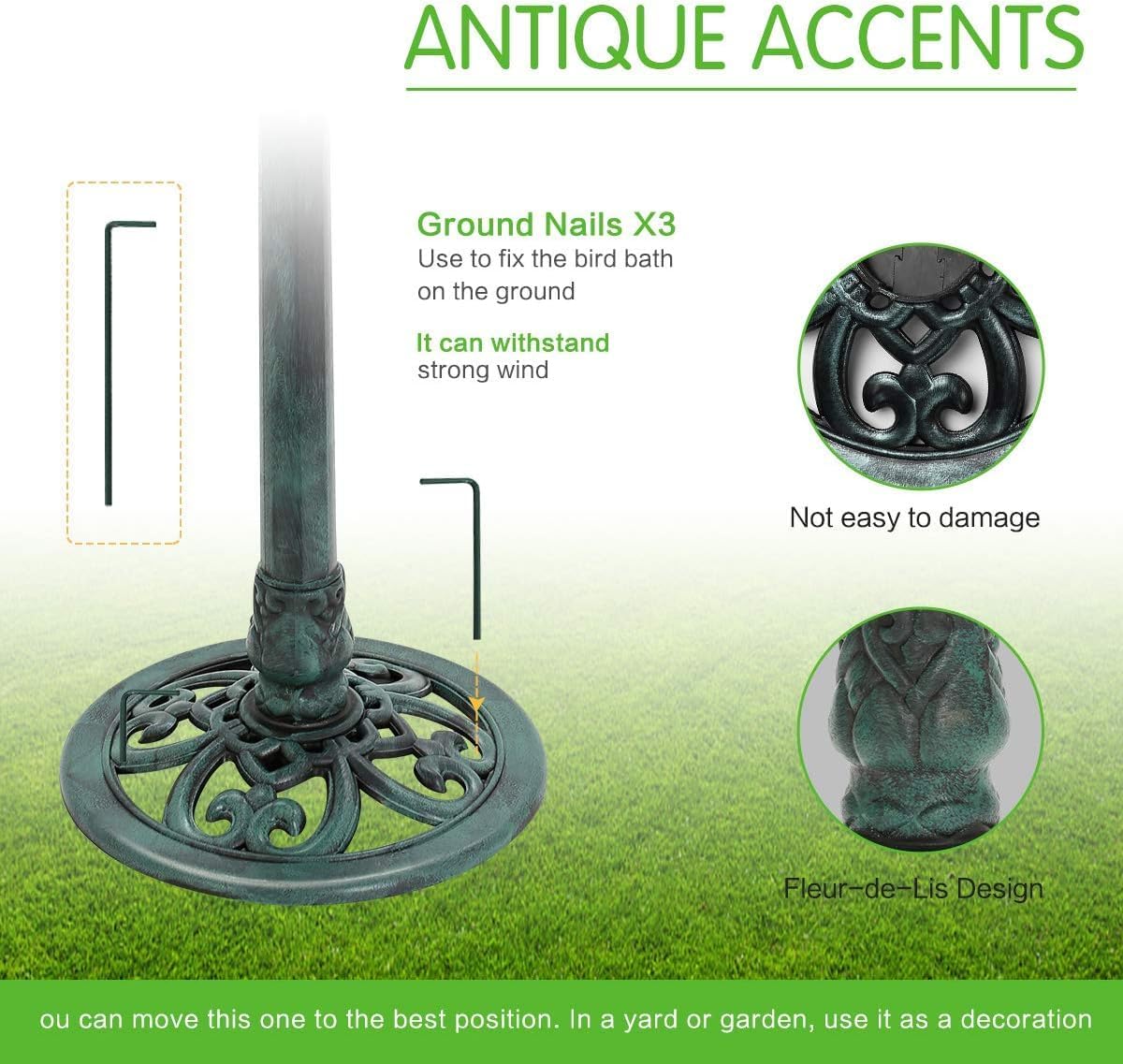 KKY 28 Inch Bird Bath Outdoor Garden Resin Lightweight Retro Courtyard Art Green Color