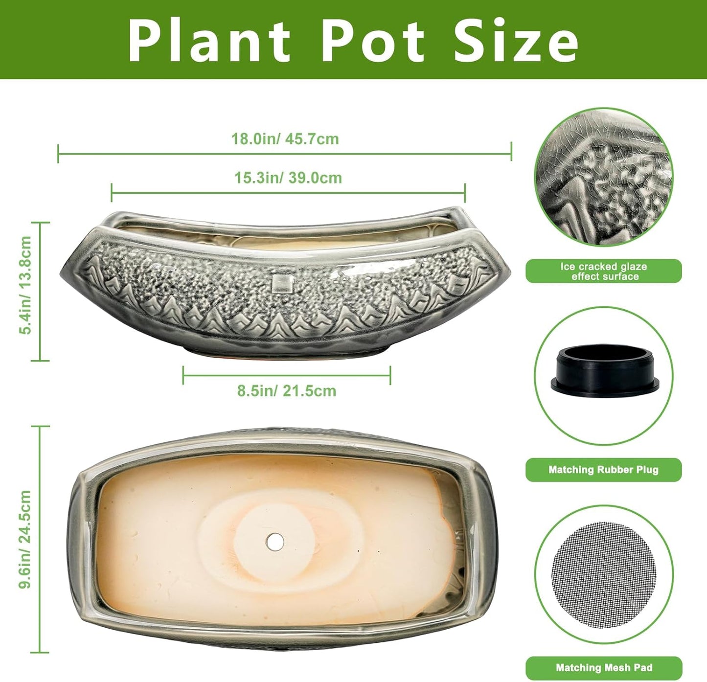 Bonsai Pots 18 Inch - Ceramic Succulent Pots, Large Bonsai Planter for Indoor Outdoor Plants, Decorative Plant Pot with Drainage Hole, Ceramic Flower Pot, House Decor, Plant Lover Gifts, Grey