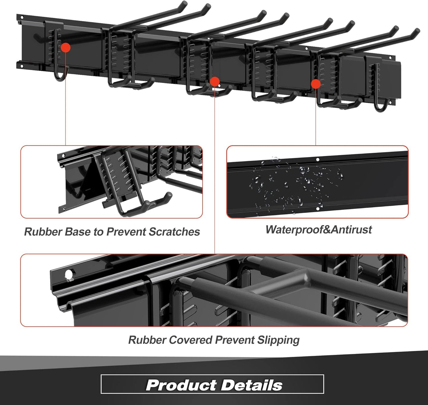 Garage Tool Storage Rack, Heavy Duty Garage Storage Organizer Rack System Wall Mounted Tool with 6 double hooks, 2 rails, Garden Yard Tools Hanger Rack for Ski Gears, Broom, Rake,Shovel