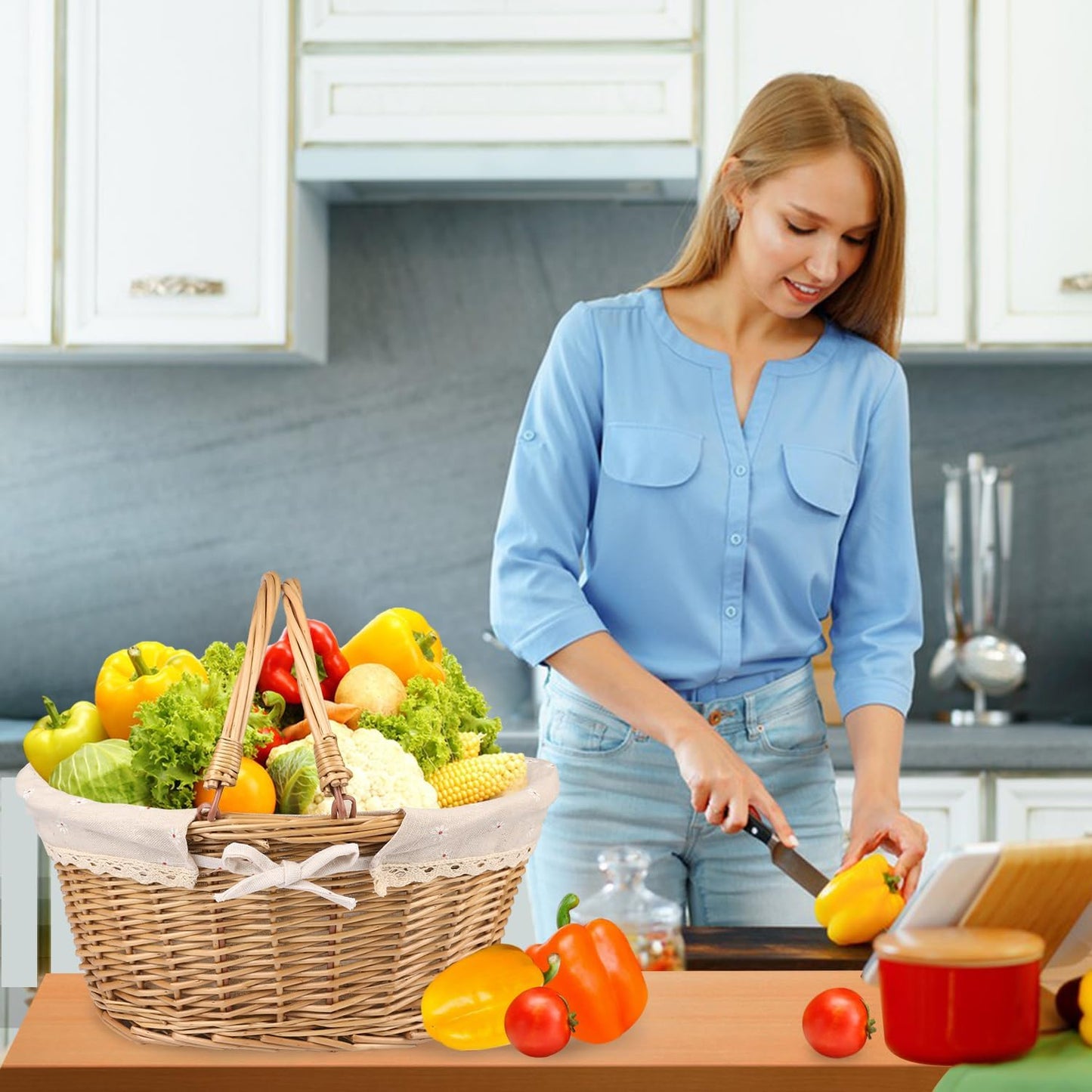 2 Pack Medium Size Oval Willow Basket with Handle, 12.6x9x4.7 Inch Wicker Picnic Basket with Liner, Empty Gift Basket, Wicker Basket for Fruit, Candy, Wine, Gathering, Wedding, Picnic, by GNIEMCKIN