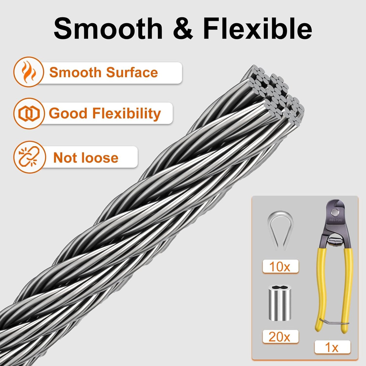 1/8" Wire Cable, 200ft Wire Rope Metal Cable with Loop Sleeve, Steel Thimble Cutter, 7x7 Marine Stainless Steel Strand Core Perfect for Deck Railing System, Outdoor Hanging kit, Garden Fence