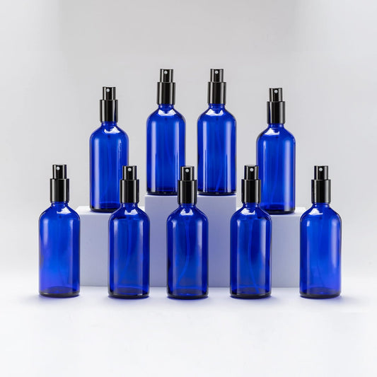 YIZHAO Blue Glass Spray Bottles 4oz, with Small Fine Mist Spray, Metal Cap, Refillable for Essential Oil,Travel,Cleaning,Perfume,Aromatherapy,Makeup – 9 Pcs