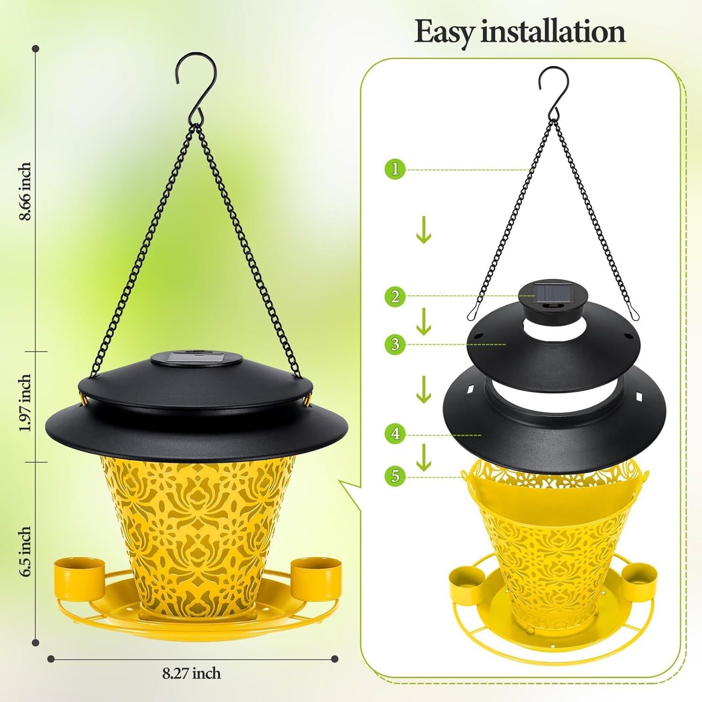 Solar Bird Feeders for Outside Hanging Metal Wild Bird Feeder Solar Lanterns Outdoor Waterproof Garden Decor for Yard Yellow