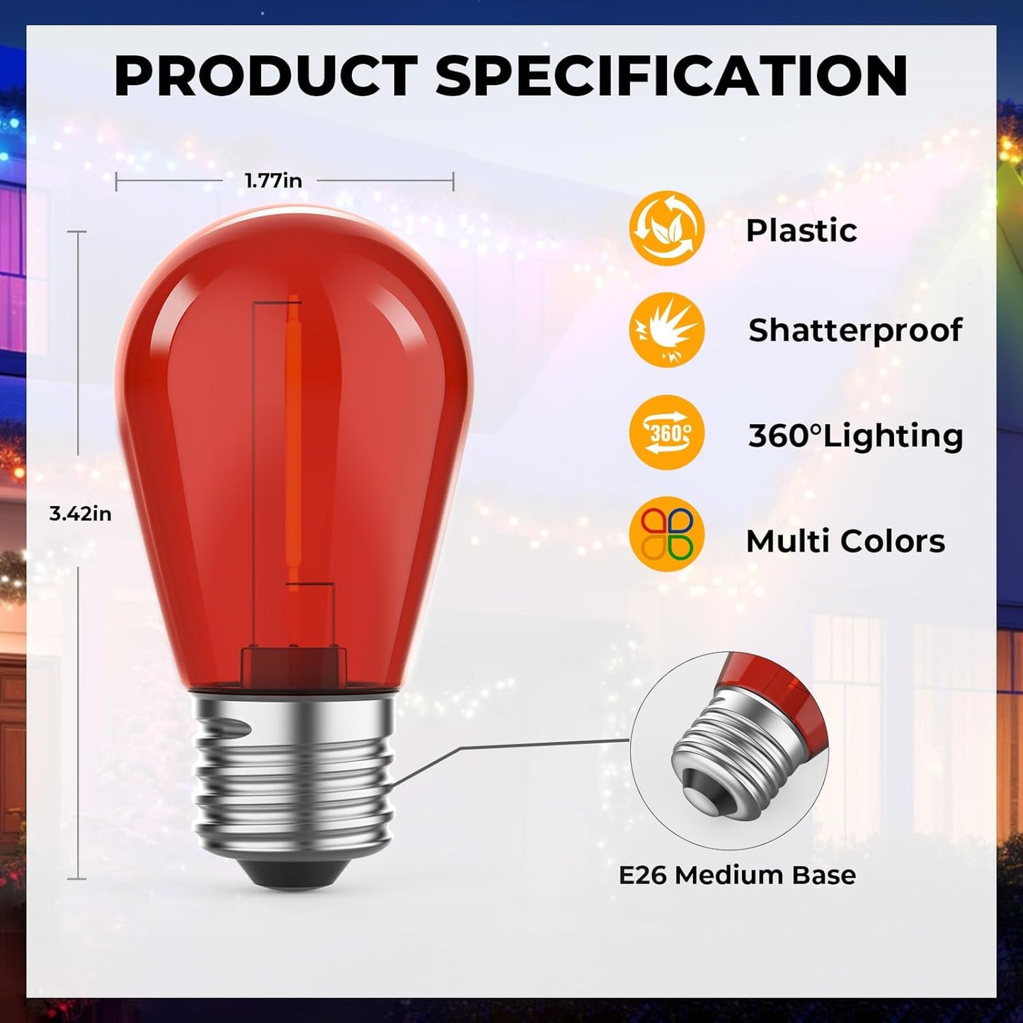 24 Pack S14 Colored LED String Light Bulbs, 1W Plastic Shatterproof Replacement Bulbs for Outdoor Patio Backyard Lights, E26 Medium Base, Warm White 2200K, Dimmable, Red/Green/Blue/Orange