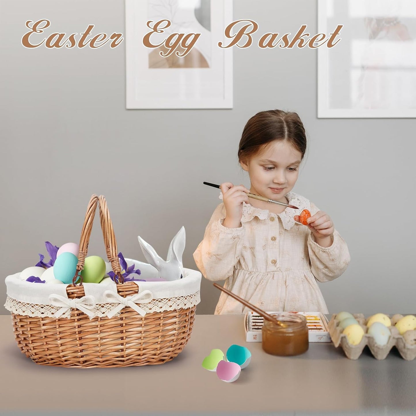 G GOOD GAIN Oval Picnic Basket with Folding Handles, Willow Hand Woven Shopping Basket, Bath Toy Kids Toy Storage Gift Packing Basket, Wicker Empty Easter Eggs and Candy Small Gift Basket.Cream