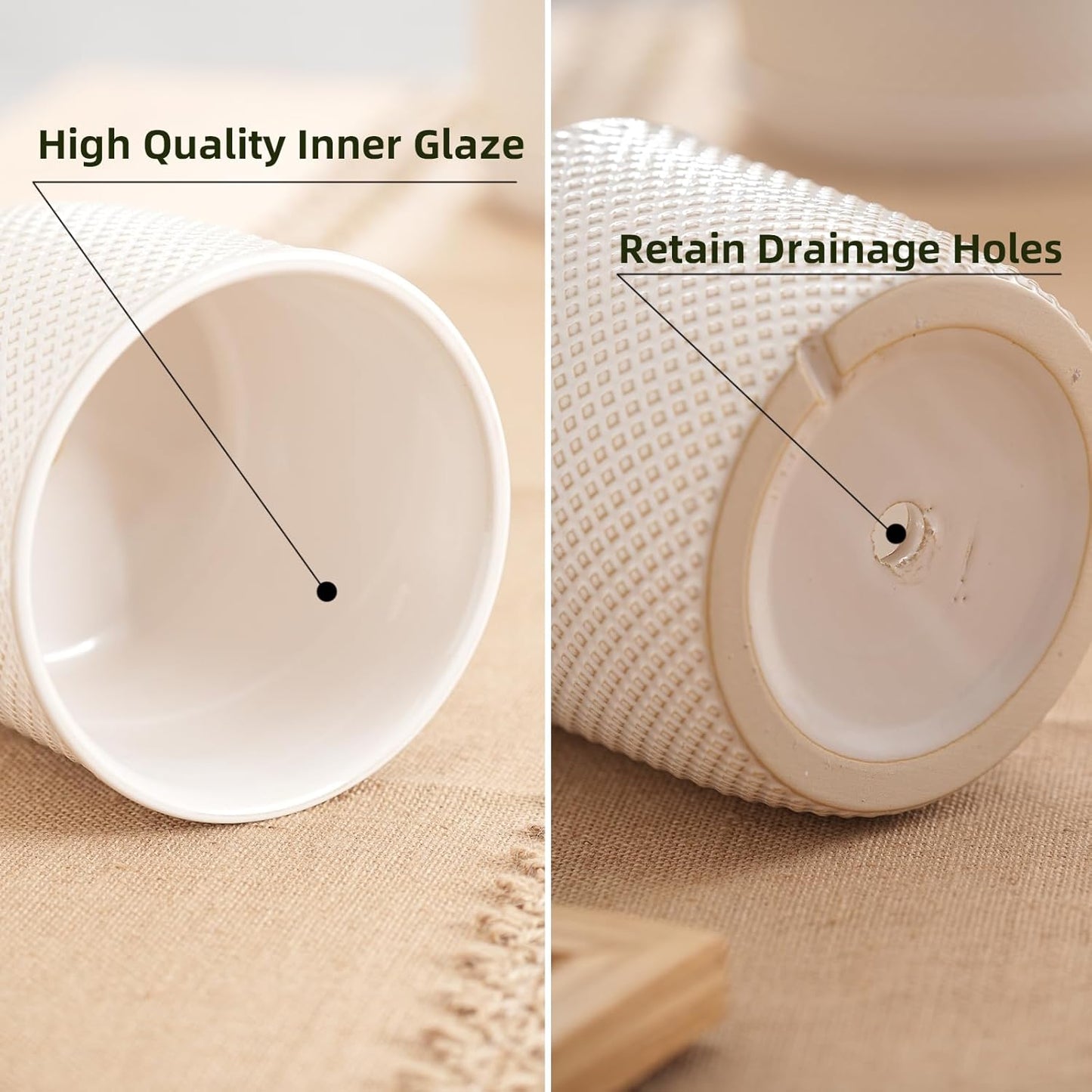 5.8 Inch Plant Pots: Ceramic Planter with Drainage Hole & Saucer - Flowerpot for Indoor & Outdoor Plants - Beaded Embossed Design White - with Separate Tray