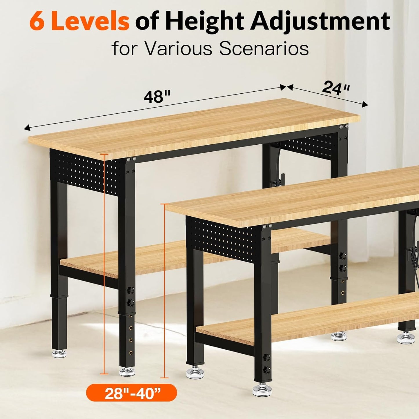 48“ Adjustable Height Workbench Work Bench for Garage Work Table with Under Table Shelf Heavy Duty Rubber Wood Top for Shop Woodworking, Office, Home, Commercial