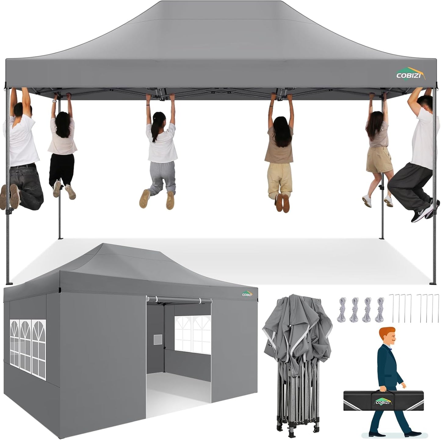 COBIZI 10x15 Heavy Duty Pop up Canopy Tent with 4 sidewalls Commercial Outdoor Canopy Wedding Party Tents for Wedding All Season Wind & Waterproof Gazebo with Carry Bag, Gray(Frame Thickened)