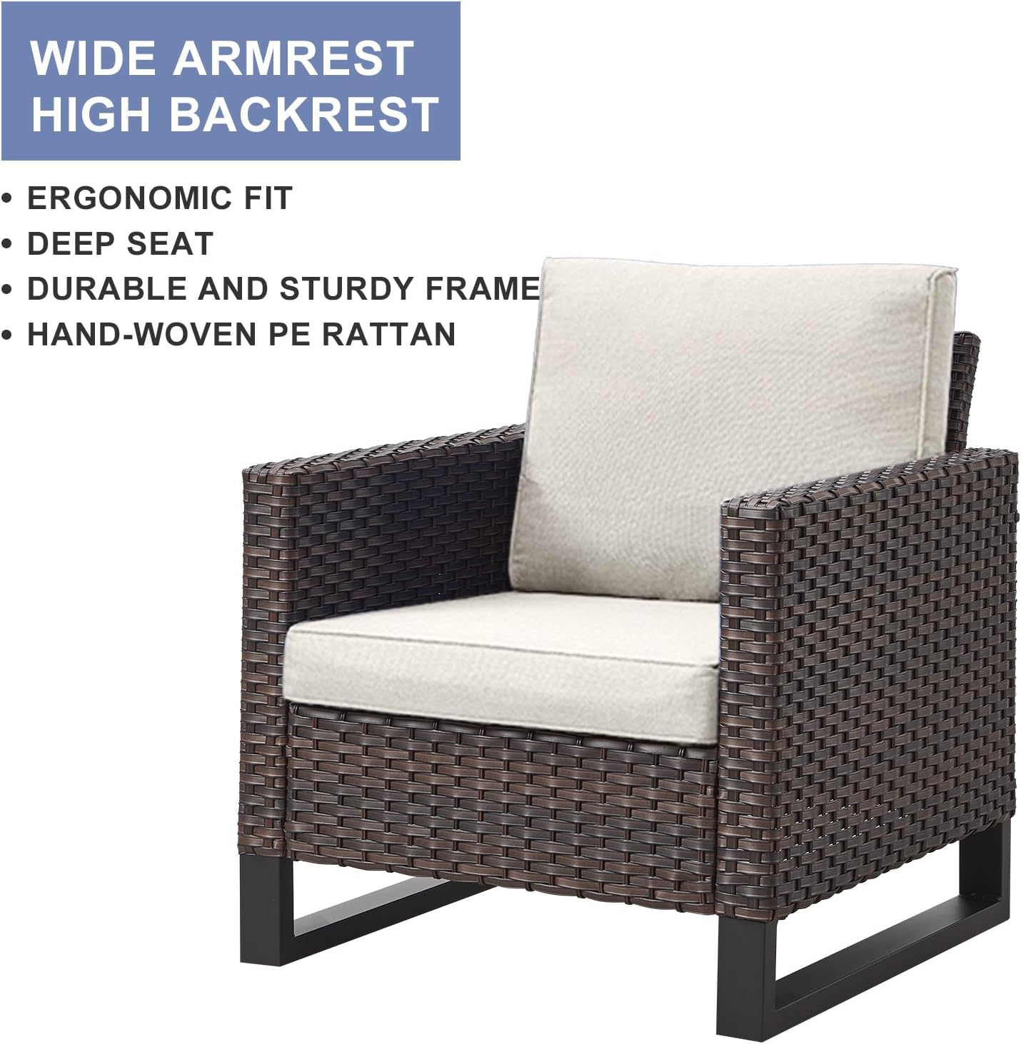 HUMMUH Patio Chairs Set of 2 PE Wicker Outdoor Dining Chairs High Back Deep Seating Porch Chairs with 4inch Seat Cushions