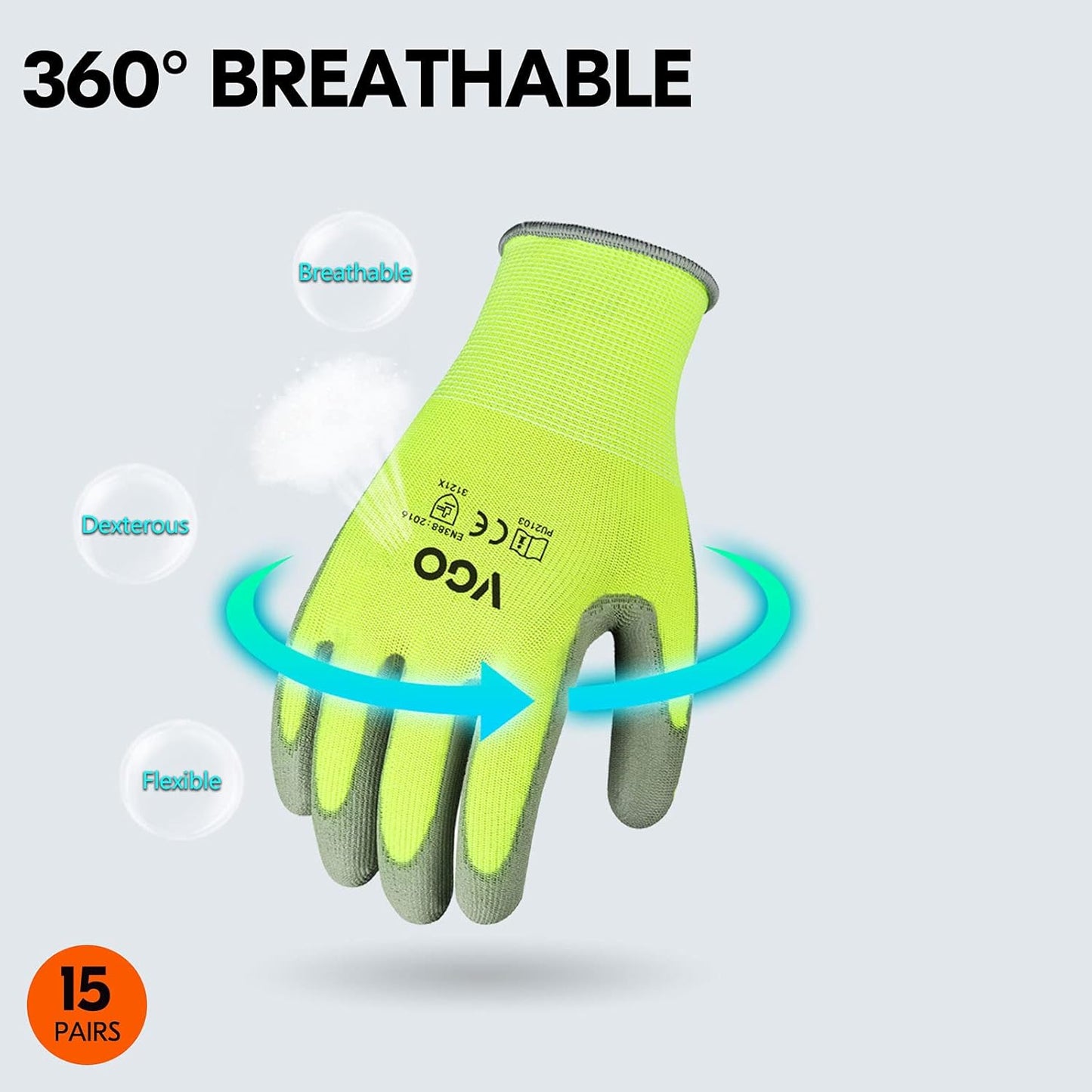 Vgo... 15-Pairs Safety Work Gloves, Gardening Gloves, Polyurethane Coated, Dipping Gloves, Latex Free (Size S, Yellow, PU2103)