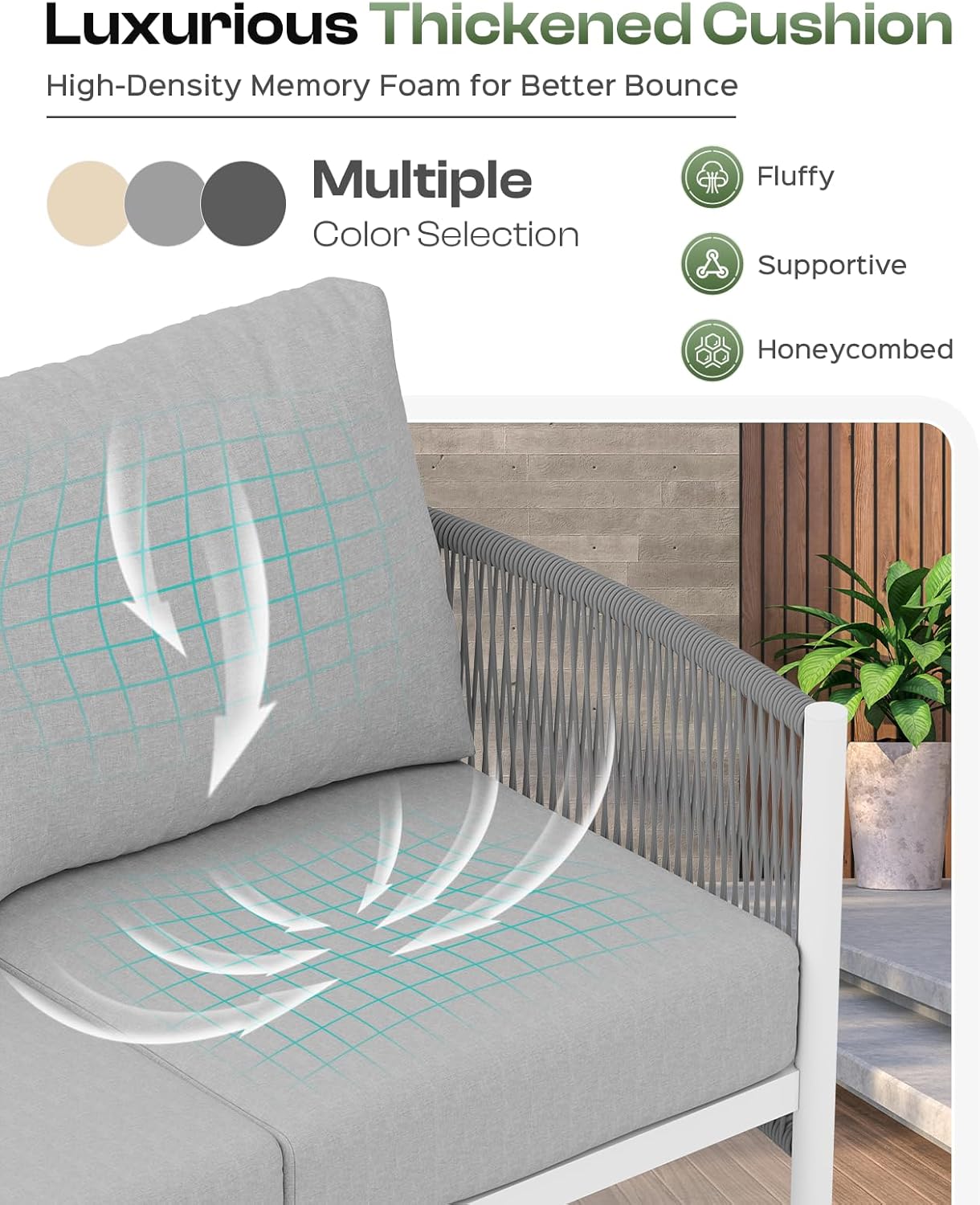 Aluminum Outdoor Patio Couch, 3 Seats HDPE Rope Patio Sofa with Washable Thick Cushion, All-Weather Patio Furniture for Balcony, Yard, White Frame, White