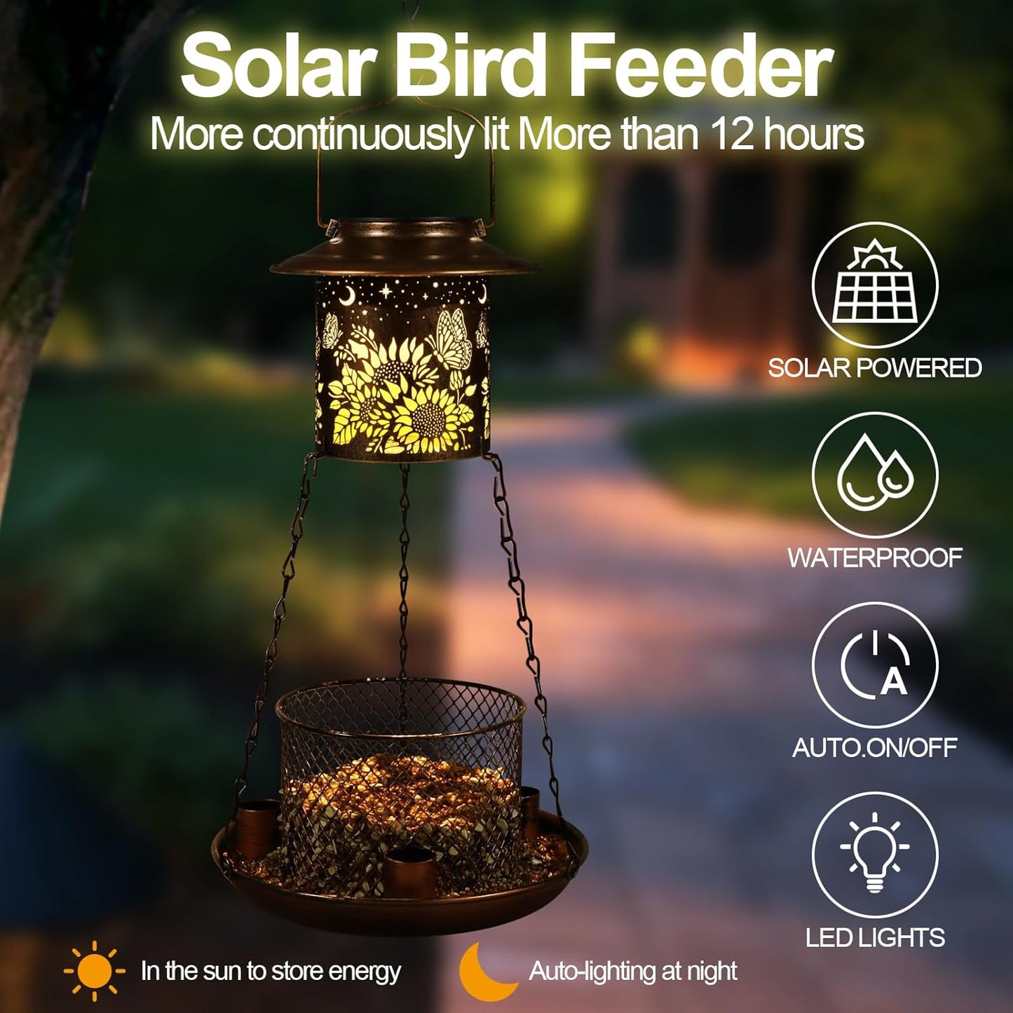 Butterfly Solar Bird Feeder for Outdoor Hanging Gifts for Women Mom Sunflower Metal Wild Birdfeeder Garden Lantern Decor Lanterns Outside for Yard Patio Lawn Pathway Landscape