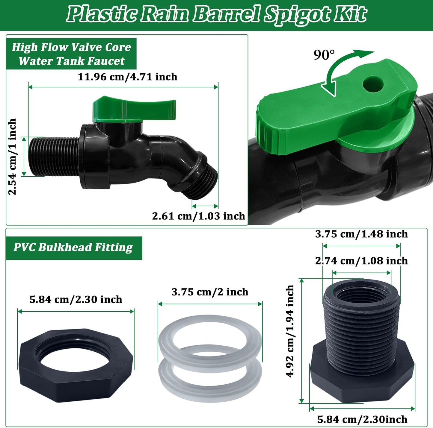 Plastics Rain Barrel Spigot Kit, High Flow Valve Core Water Tank Faucet+PVC Bulkhead Fitting,3/4 NPT to 3/4 GHT Rain Barrel Spigot for Plastic Bucket rainwater Drum Container Downspout Collector in
