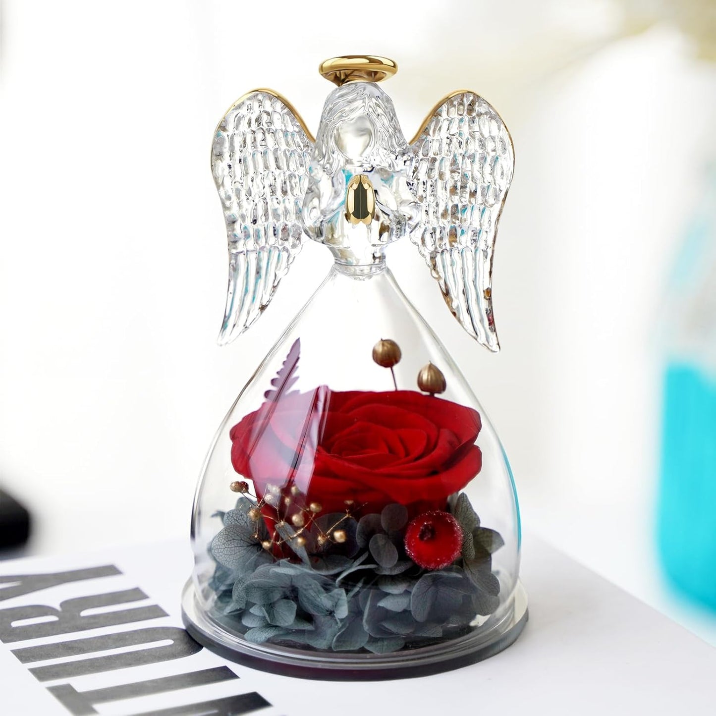 Yamonic Mom Birthday Gifts for Mom, Angel Figurines with Real Rose Gifts for Her Mom Grandma,Preserved Flowers Rose Angel Figurines for Mothers Day Christmas Anniversary Birthday Gifts for Her (Red)