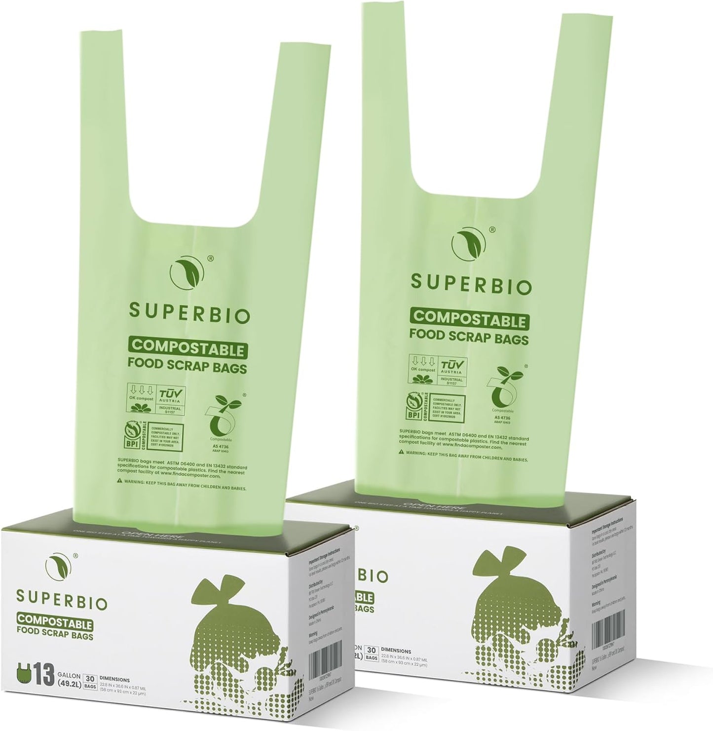 SUPERBIO 13 Gallon Handle Tie Compostable Food Waste Bags, 30 Count, 2 Pack, ASTM D6400, BPI and OK compost INDUSTRIAL, 49.2L, 0.87 Mil