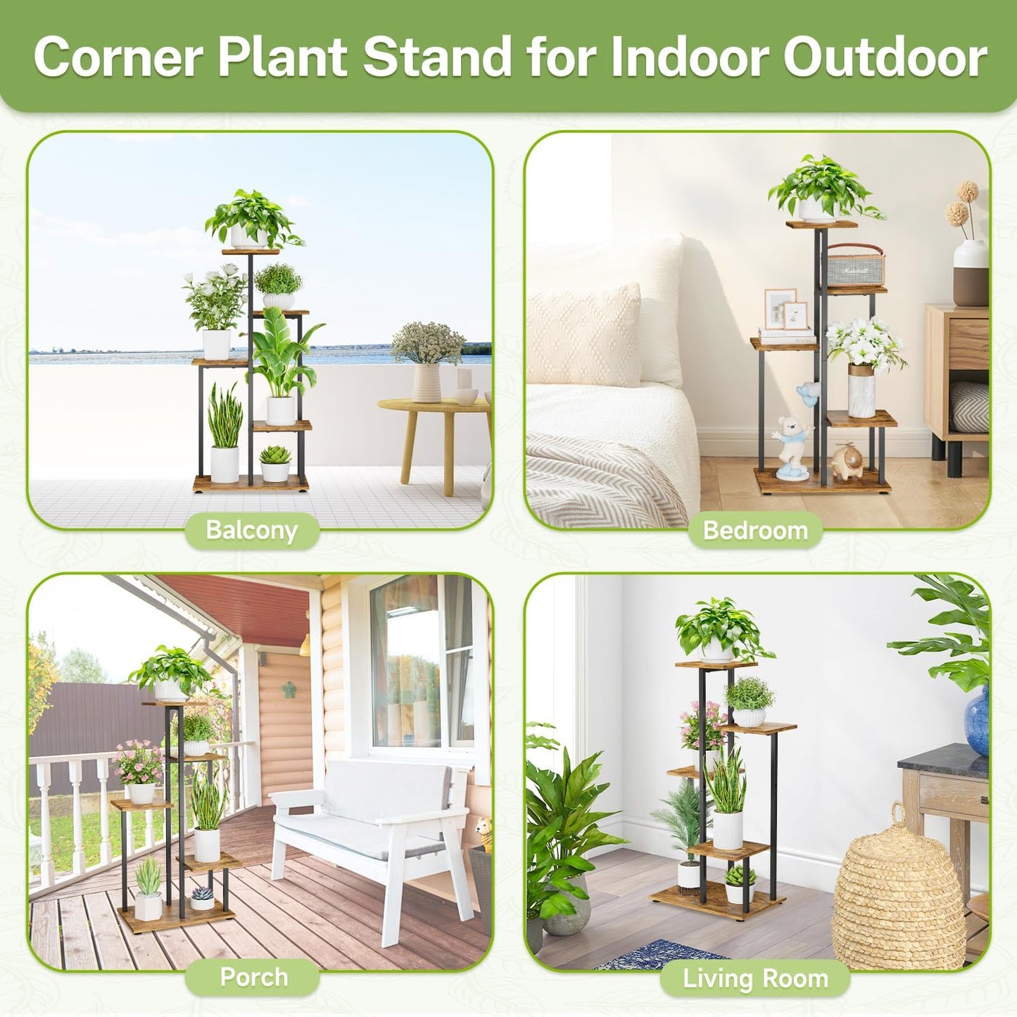 iDavosic.ly 5 Tier Plant Stand Indoor, Tiered Corner Flower Holder Shelf Outdoor, Metal Wood Tall Orchid Pot Display Rack for Patio Porch Garden Balcony Office, Modern Black & Rustic Brown