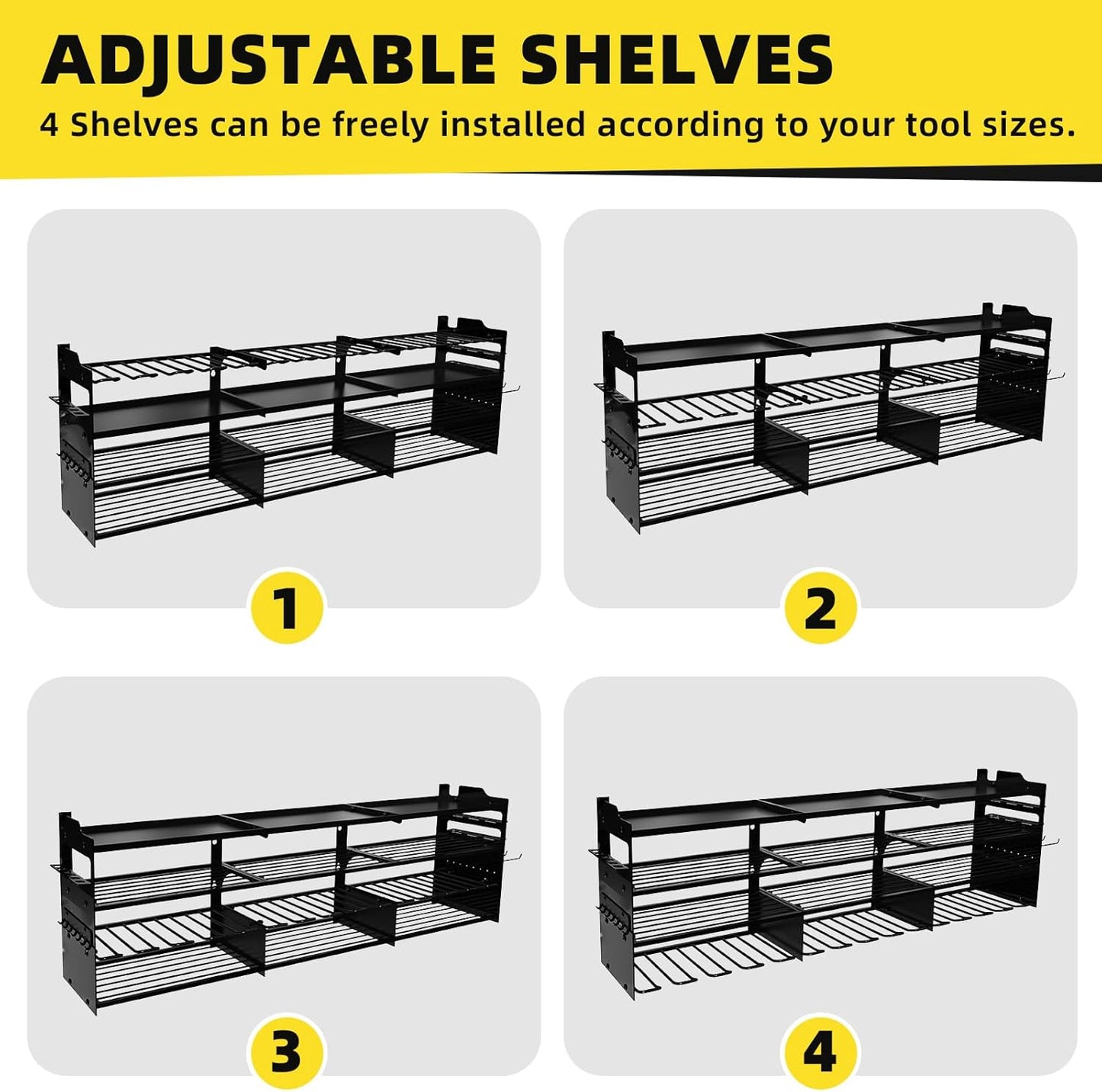 Power Tool Organizer Wall Mount with 12-Drill Holders-800Lbs Load Heavy Duty Metal 4-Layers Garage Storage and Organization Adjustable Battery Tools Rack with Side Panels Utility Racks Gifts for Men