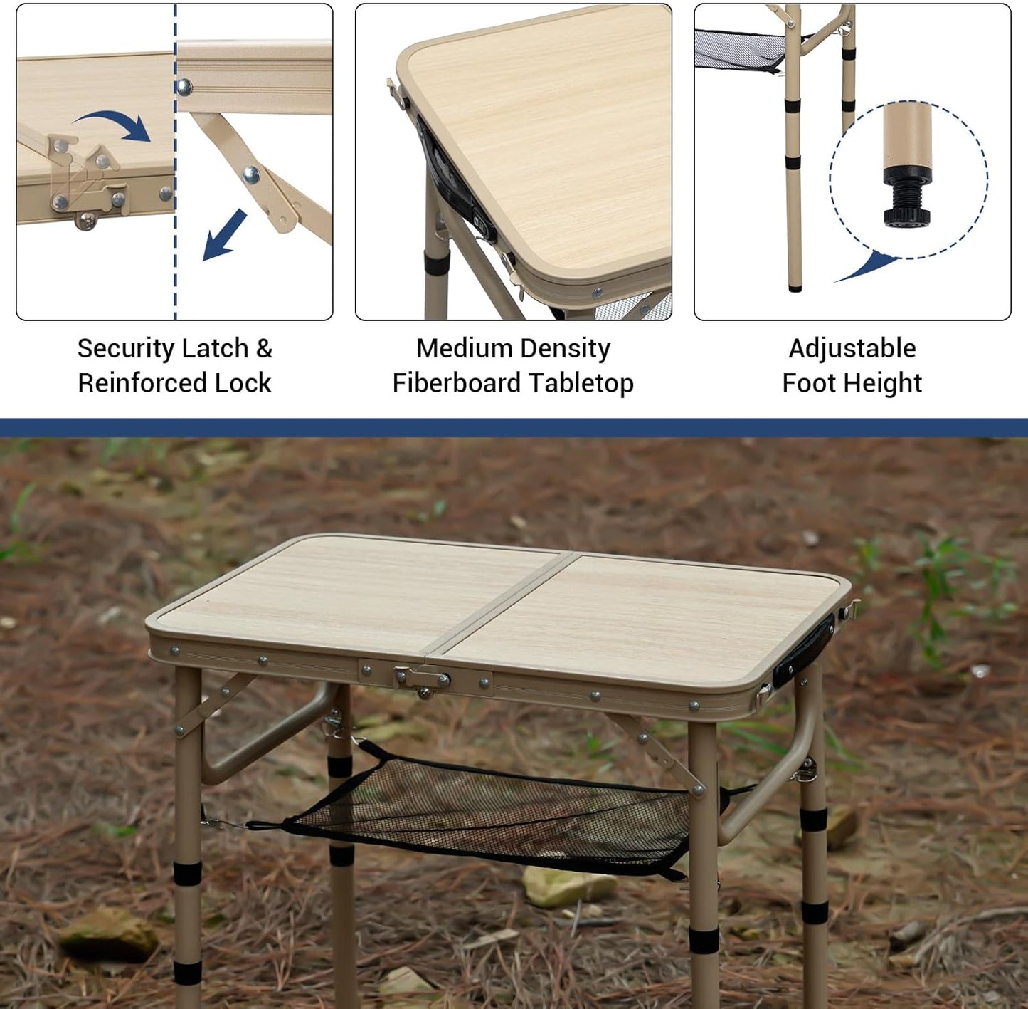 Small Folding Table 2FT Camping Table 3 Adjustable Height Lightweight Portable Aluminum Mini Foldable for Picnic Beach Indoor Outdoor, Yellow