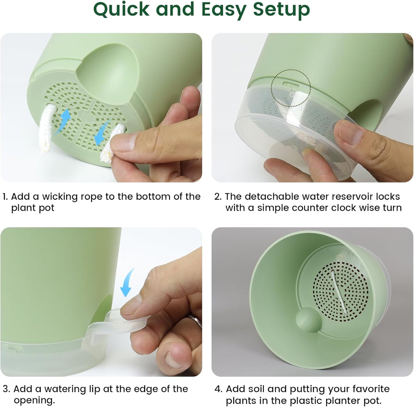 4 inch Self Watering Pots for Indoor Plants, 5 Pack Small Flower Plant Pots with Drainage Holes and Clear Reservoirs, Visible Water Level, Plastic Planters with Wicking Rope, Green