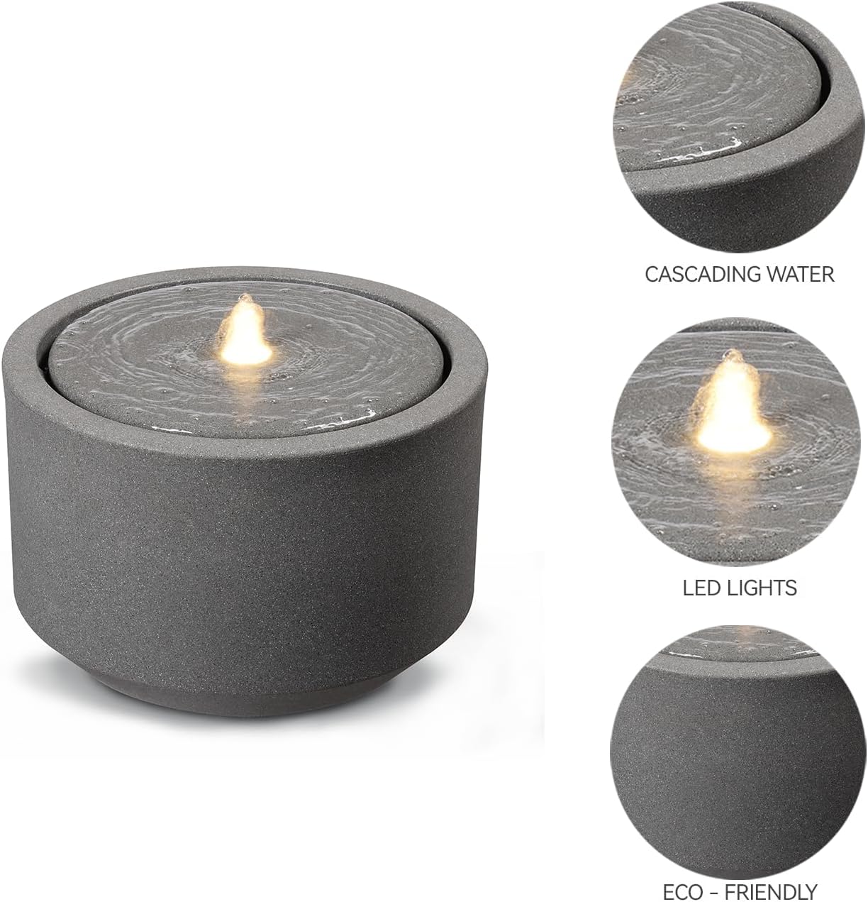 10.23” H Outdoor Water Fountain Made with Eco-Friendly Recyclable Materials, Polyethylene Round Bubbler Outdoor Fountain, Garden Decor with LED Light for Patio, Porch, Backyard