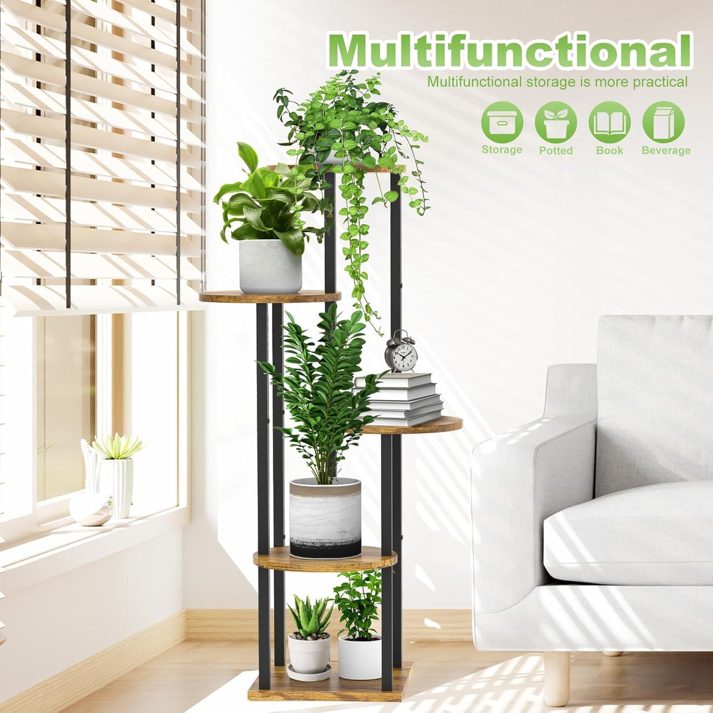 5 Tier Wood Tall Plant Stand Metal Rack Indoor, Multiple Flower Pot Holder Shelves Corner Rack, Round Planter Shelf Display Rack Storage Organizer for Patio Living Room Balcony(Black)