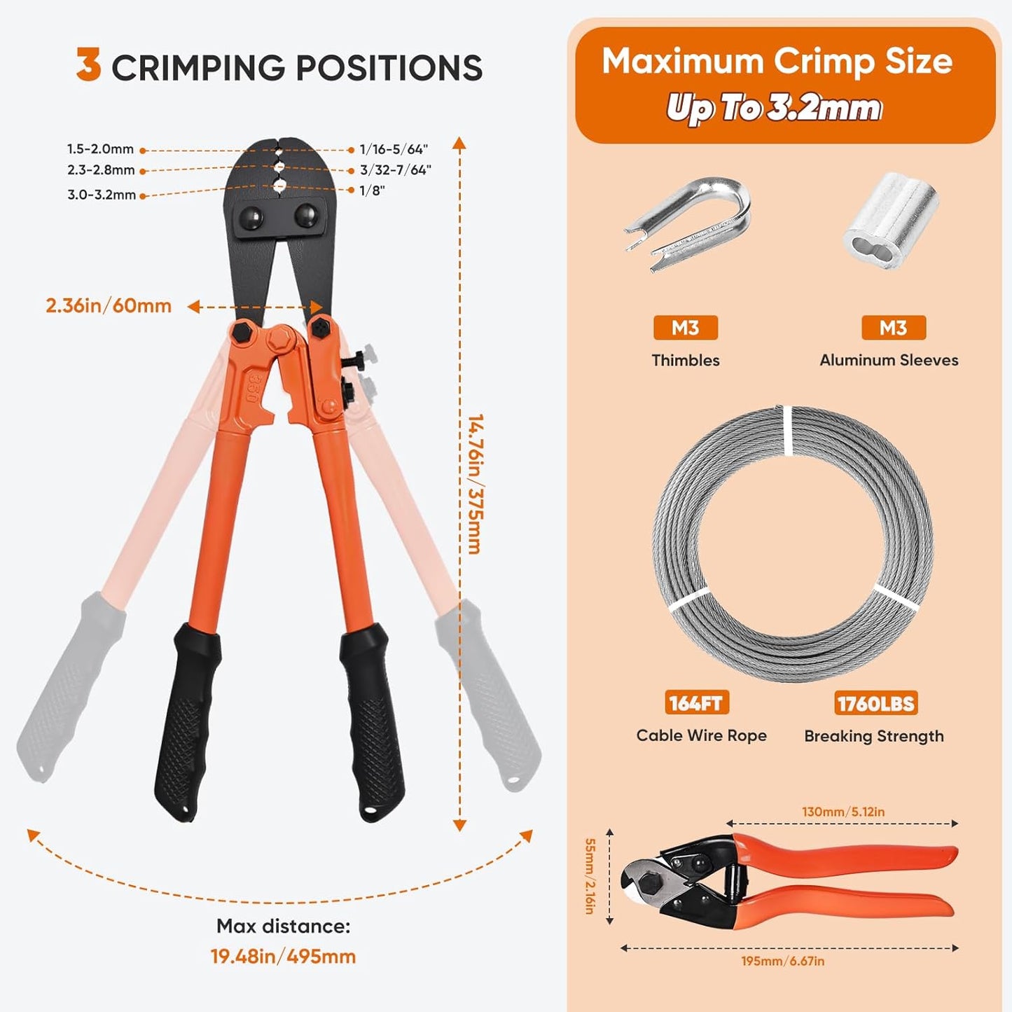 164FT 1/8" Stainless Steel Cable with Wire Rope Crimping Tool and Cable Cutter, 1760 lbs Breaking Strength, 7x7 Strands Aircraft Cable for Deck Railing, Porch Fence, String Light