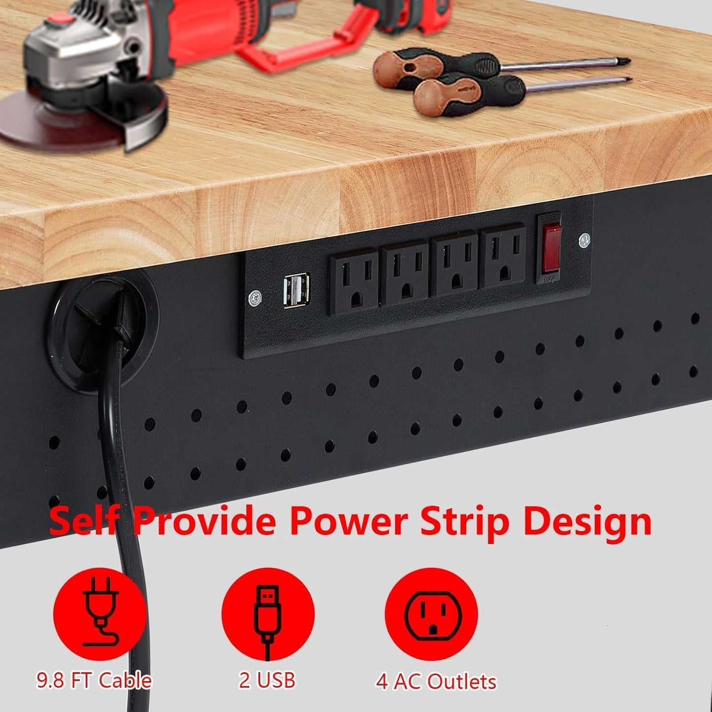 48'' Adjustable Workbench on Wheels, 2000LBS Heavy Duty Worktable with Power Outlets & Drawers & Pegboard, Rubberwood Workstation for Workshop, Garage, Office, Home