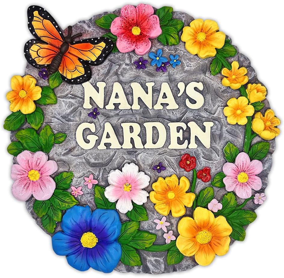 Elegant Resin Stepping Stone, Outdoor Garden Pathway Decoration (Nana’s Garden Floral Stepping Stone, 9.5" Decorative and Gift for Grandmother)