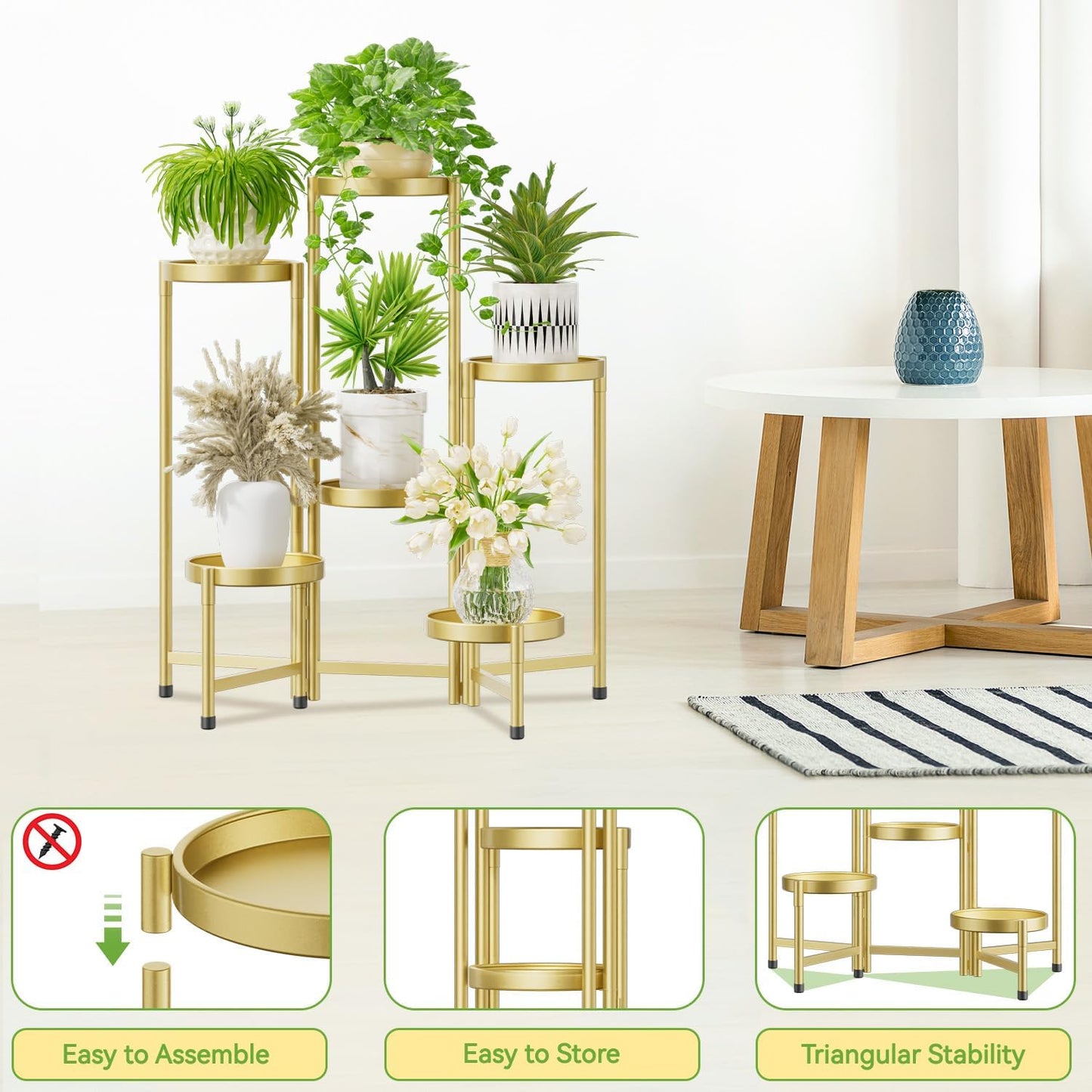 iDavosic.ly Plant Stand Indoor Outdoor, 6 Tier Corner Metal Flower Display Holder Shelf, Folding Tall Orchid Rack for Patio Balcony Porch Garden Living Room House, Gold