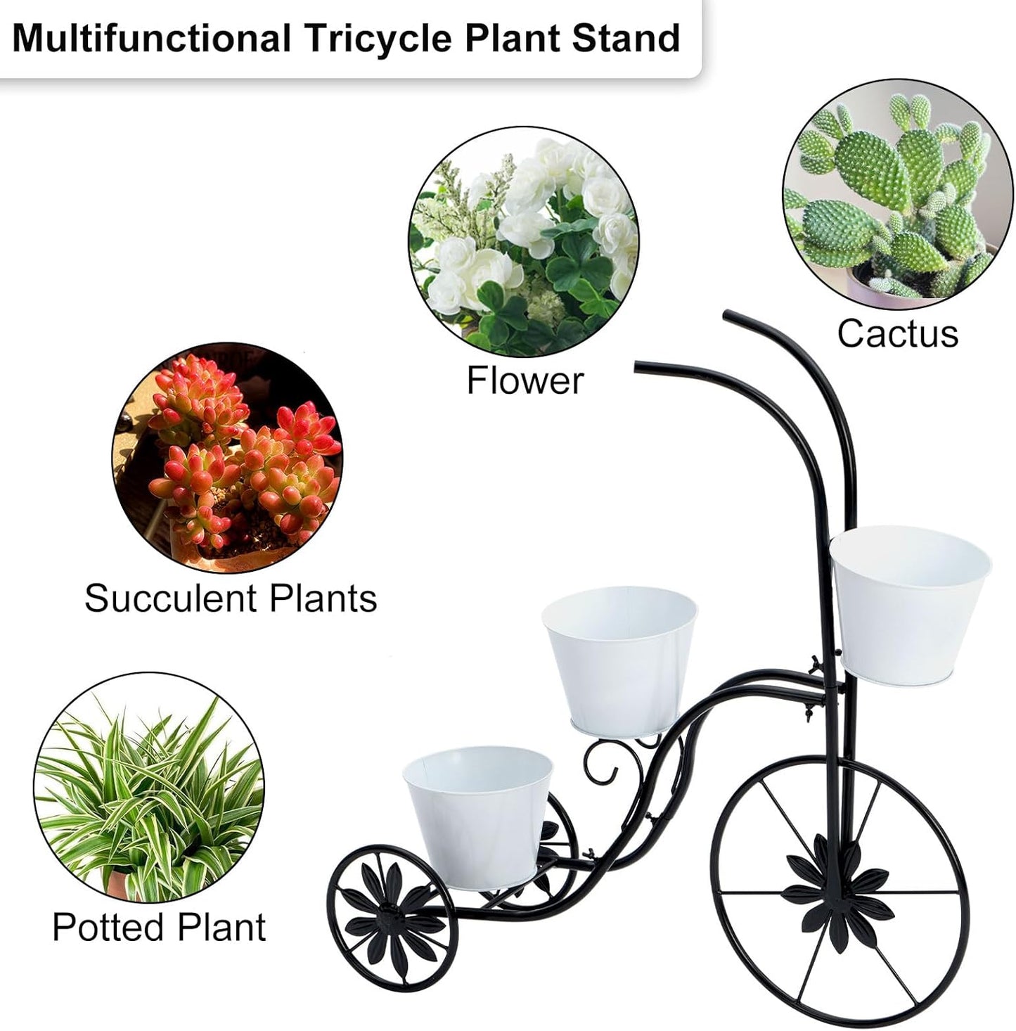 LEWIS&WAYNE Metal Tricycle Planter, 3 Tier Floral Flower Plant Stand Holder Hand Painted Outdoor Garden Patio Decor
